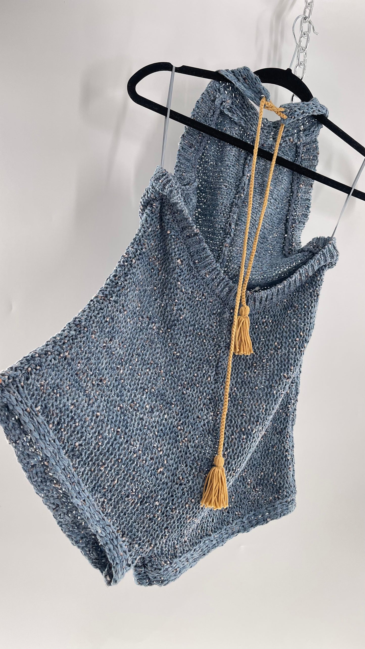 Free People Blue Crochet Knit Halter Romper (Medium)