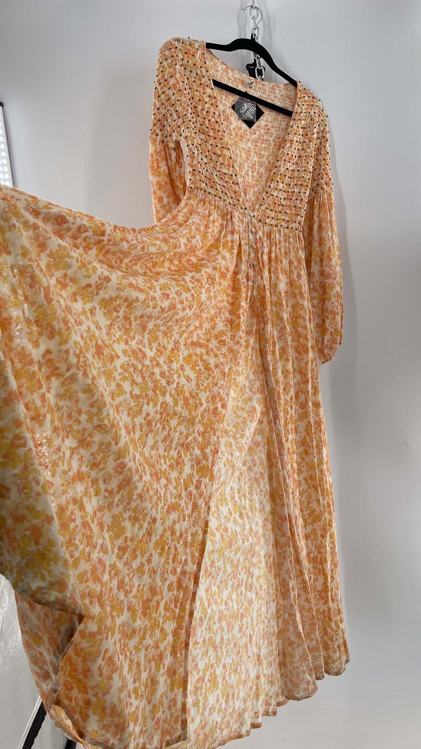 Intimately Free People Orange Floral Smocked Maxi Dress (XS)