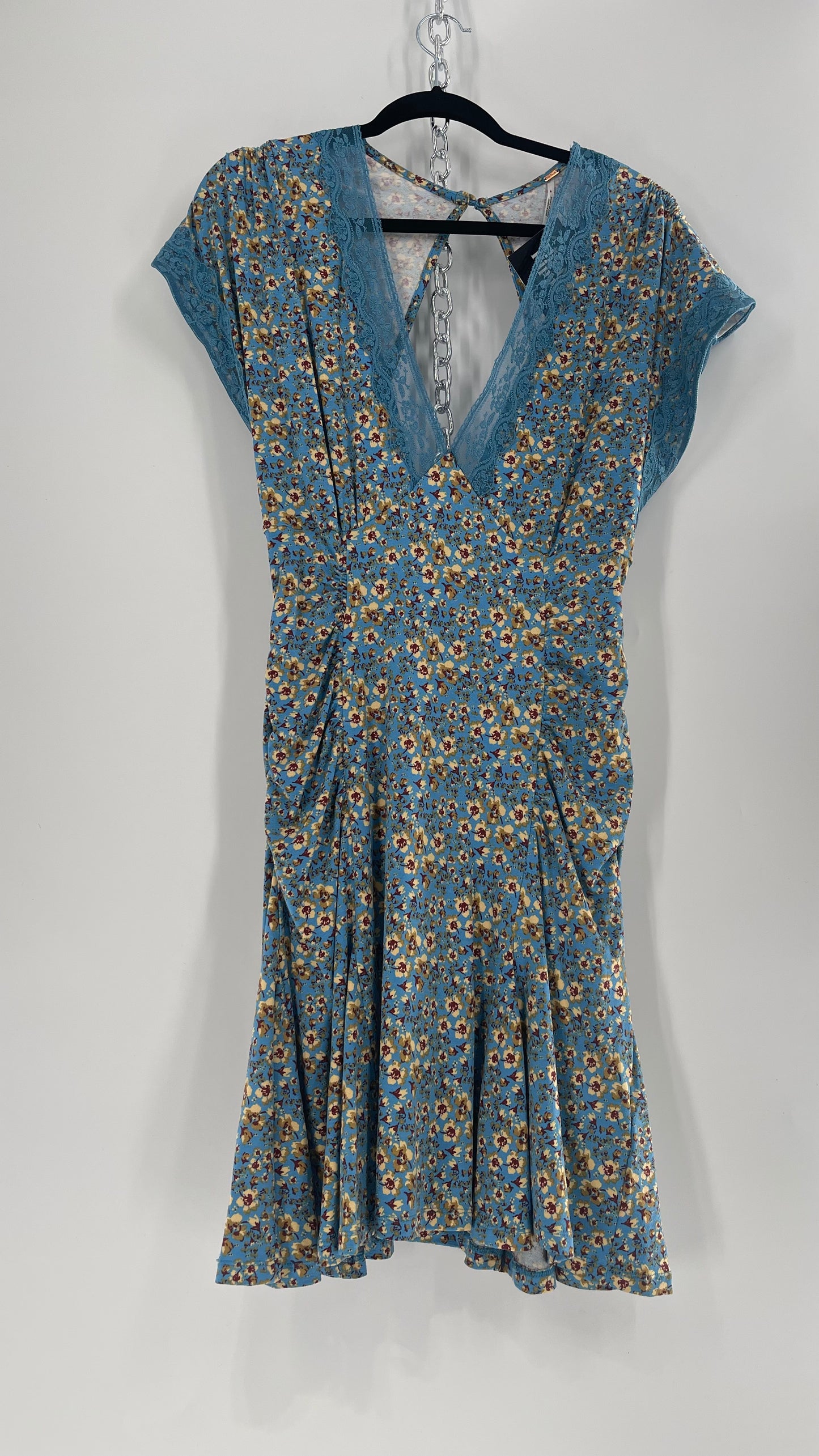 Free People Sweet Talker Blue Floral Ruched Mini Dress (Large)