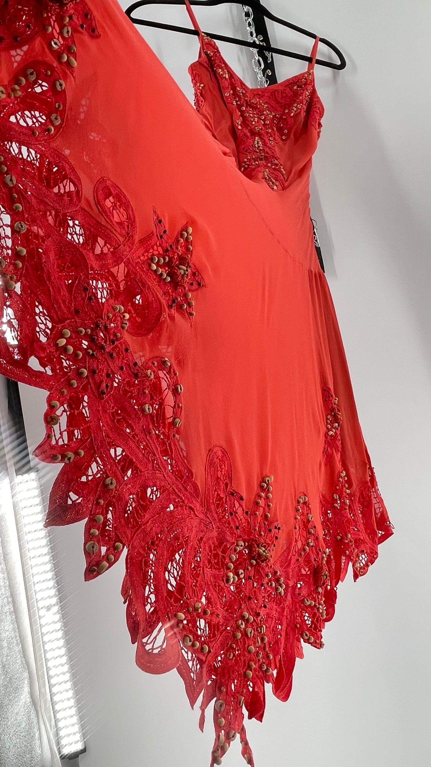 1990s Vintage Cache Coral Appliqué Tropical Beaded Slip (2)