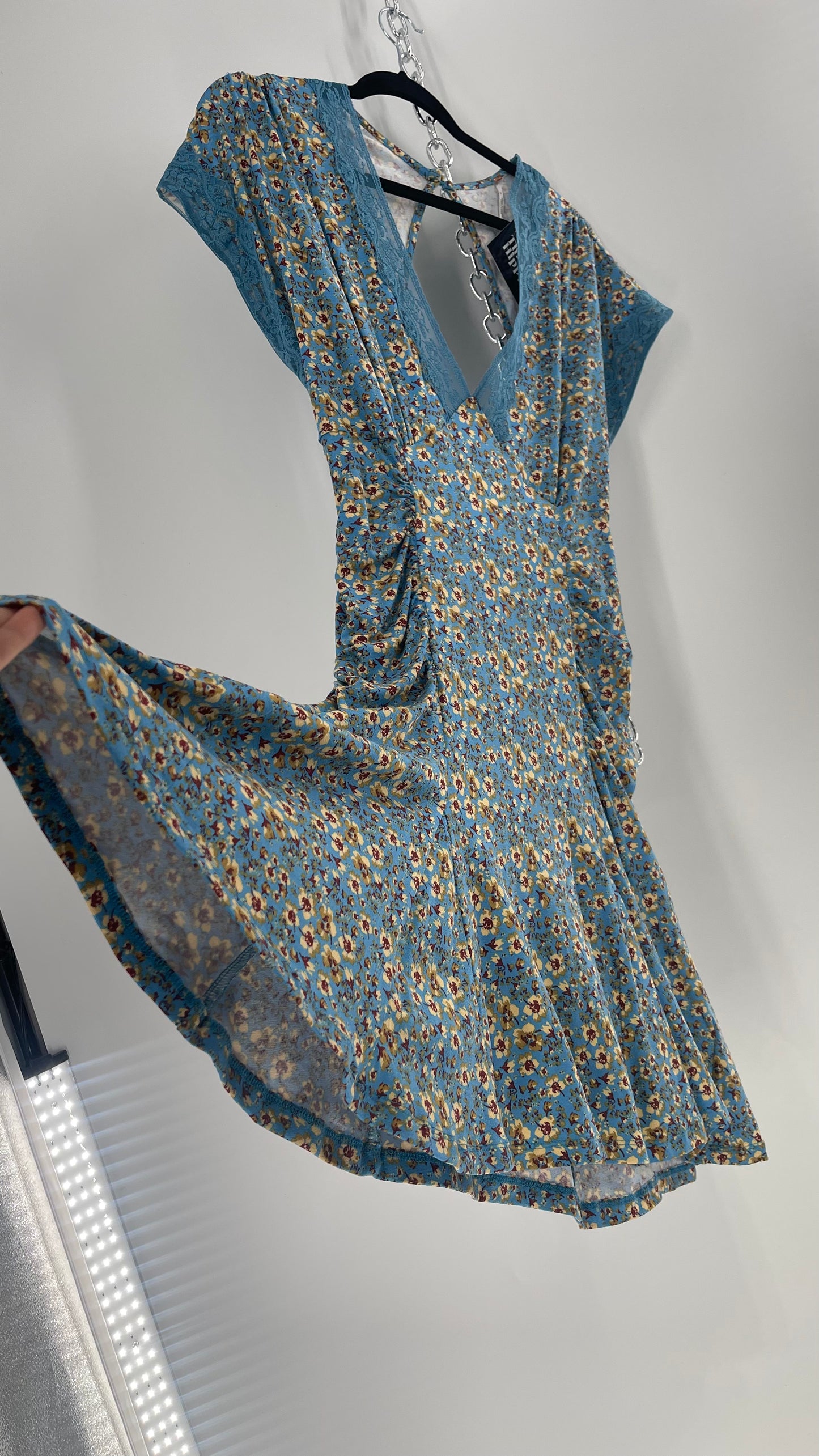 Free People Sweet Talker Blue Floral Ruched Mini Dress (Large)