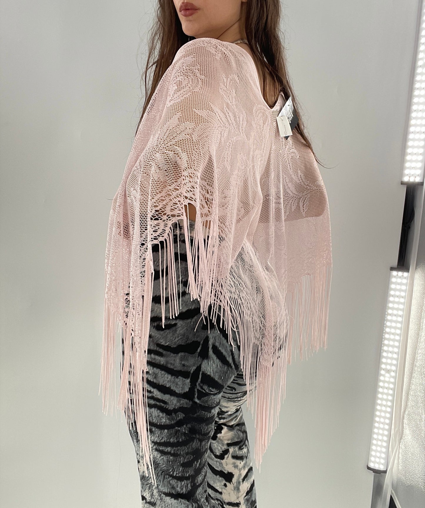 Vintage Pink Fringe Poncho (One Size)