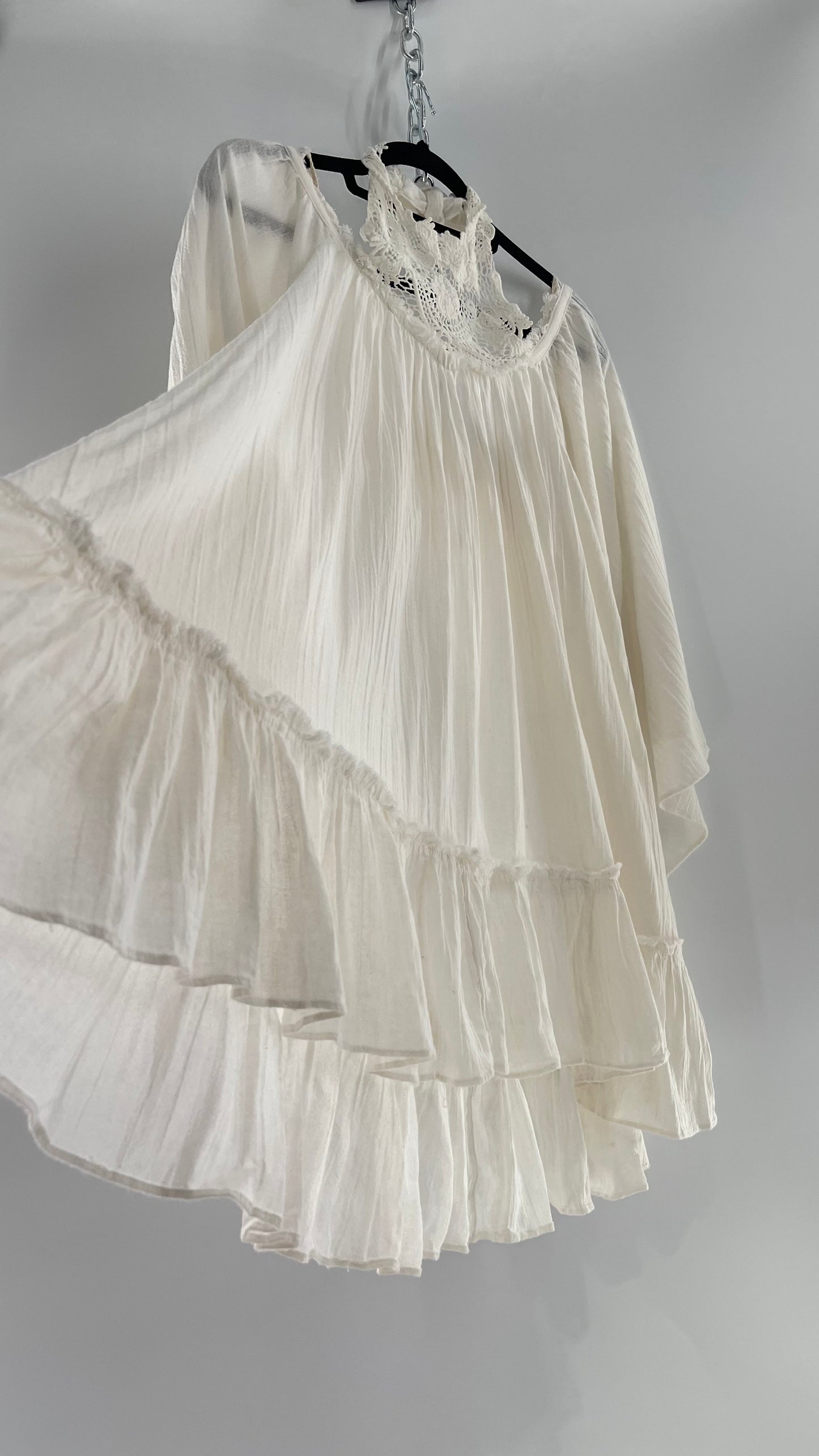 Free People Flowy Gauze/Cotton Free Flow Dress with Lace Halter (Small)