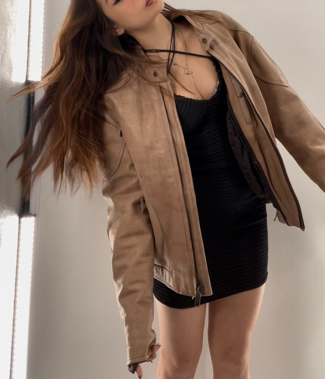 Hot Leathers Light Beige Leather Jacket Front Zipper (Size 46)