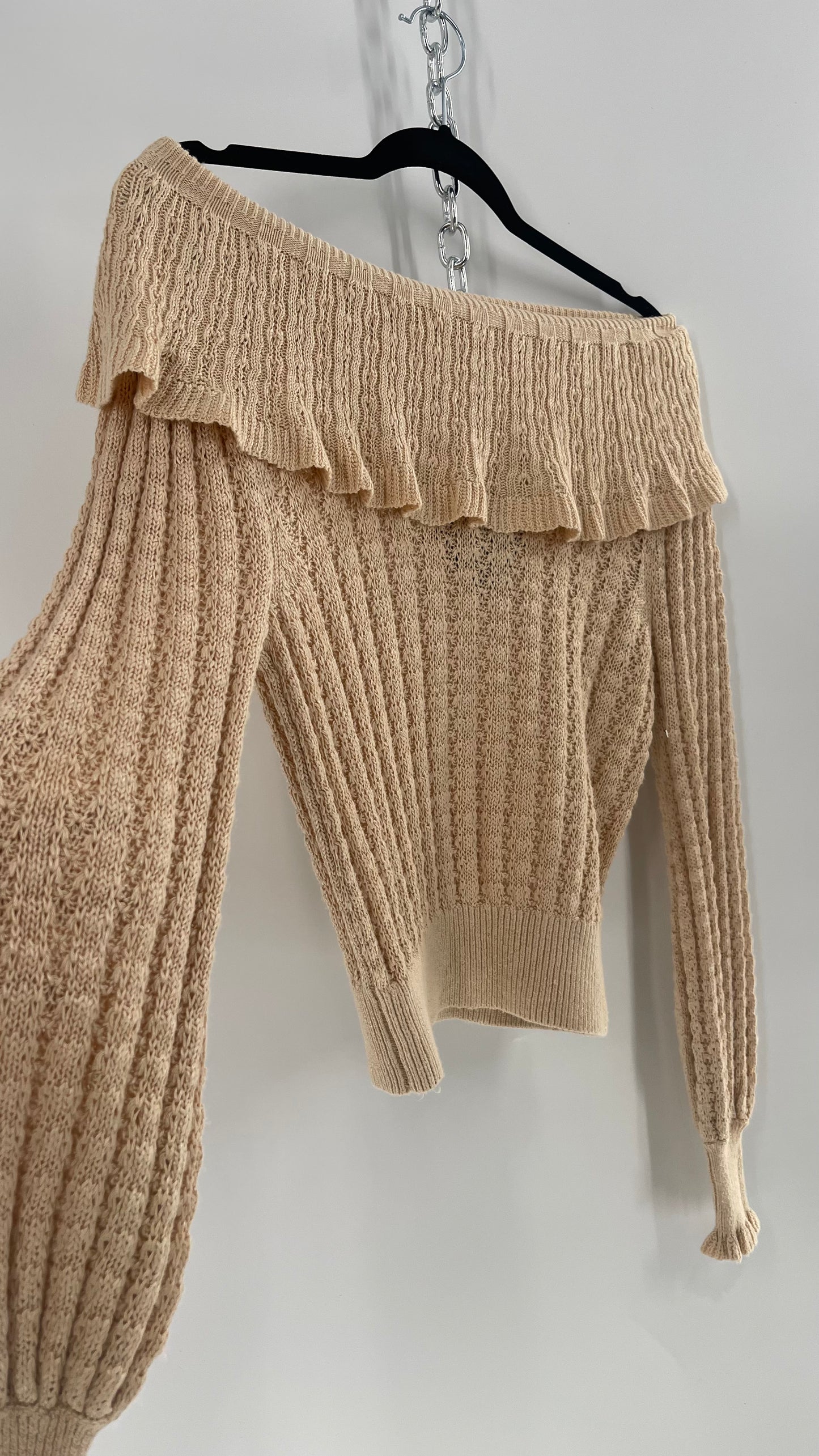 Free People Baby Yellow Knit Ruffled Off the Shoulder Sweater (Small)