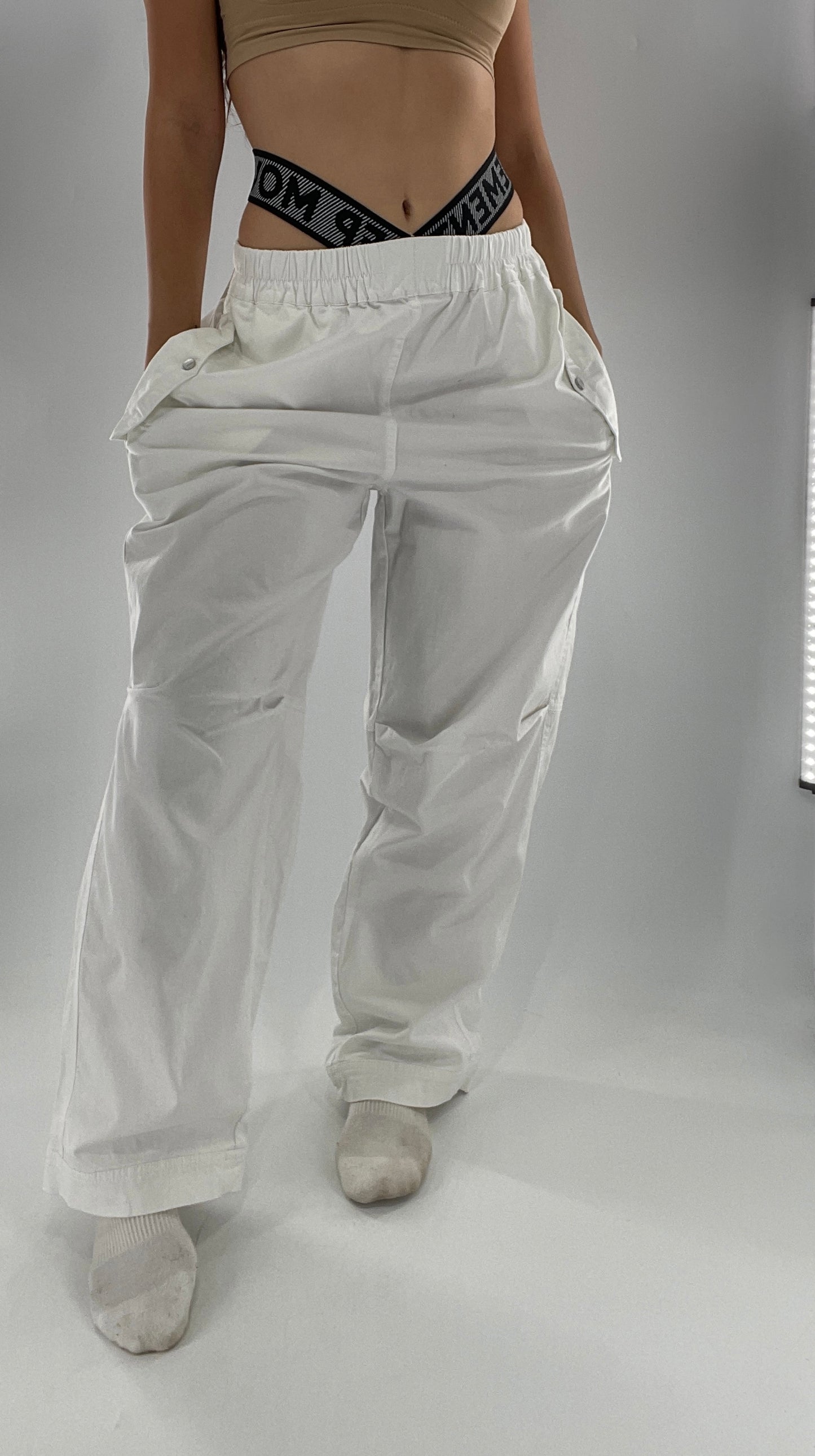Free People Movement White Carpenter Pant with Branded Double Waistband (Small)