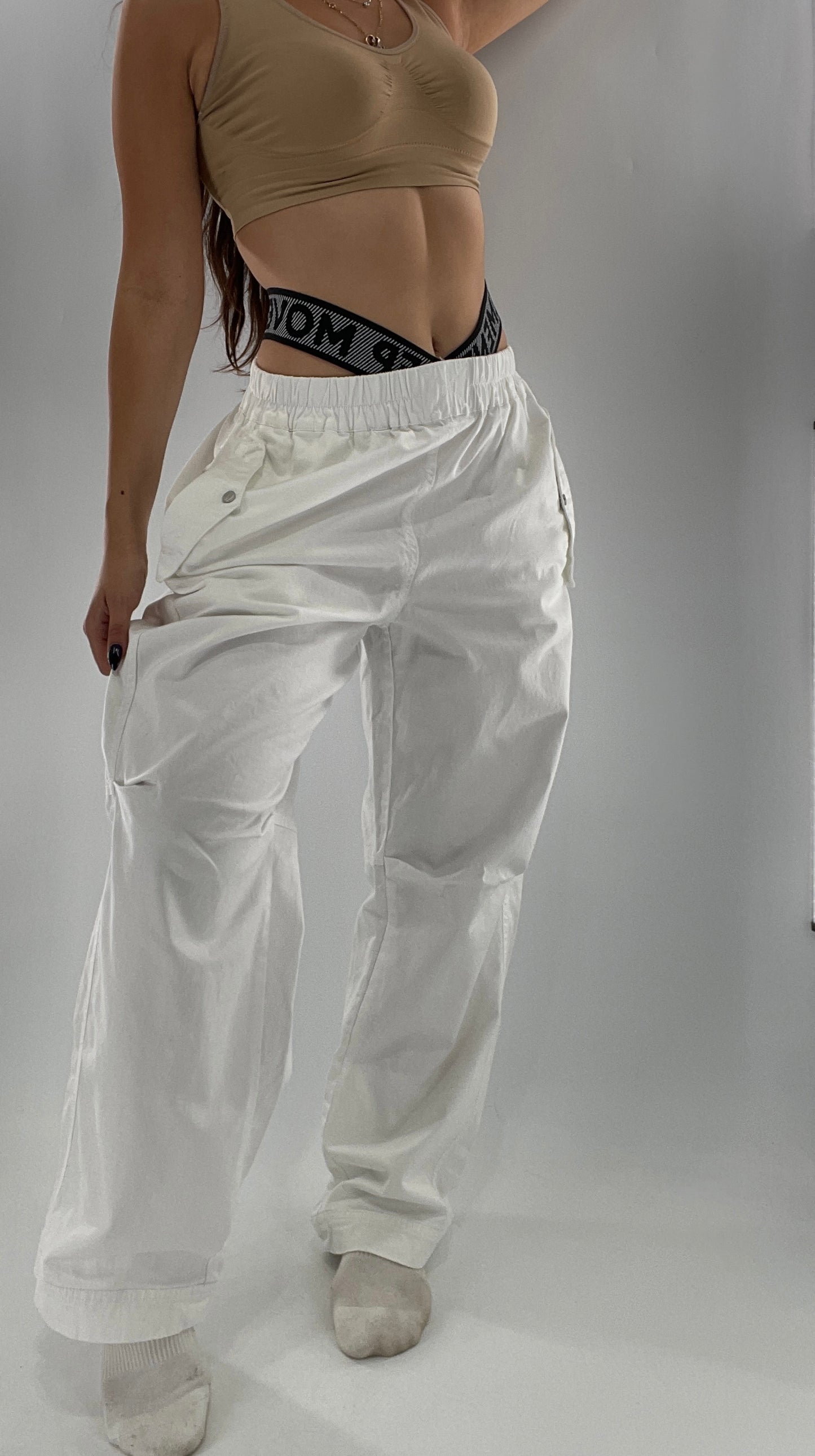 Free People Movement White Carpenter Pant with Branded Double Waistband (Small)