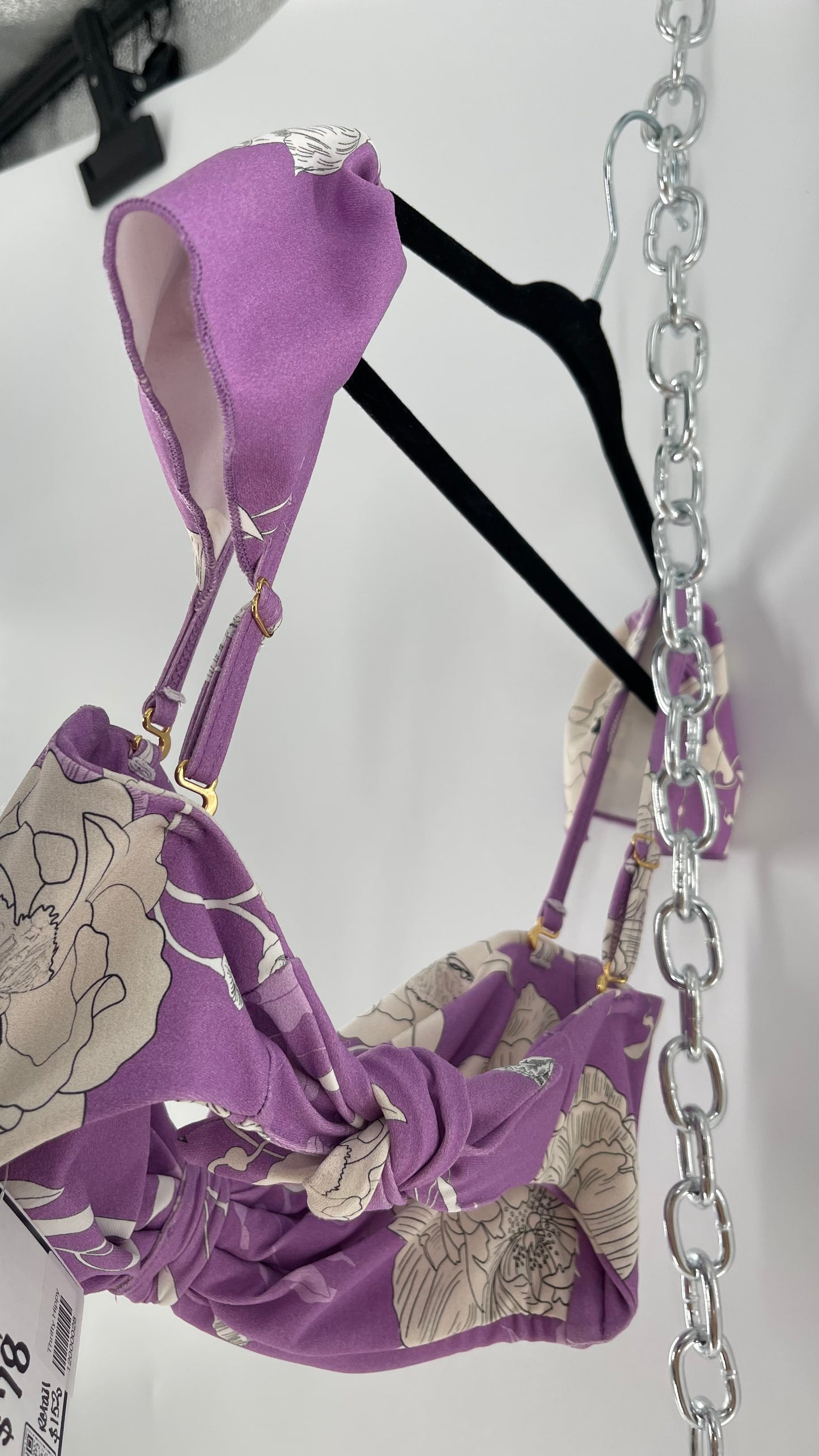 Montce Lilac Lavender Floral Swim Top with Tie Front and Ruffled Shoulder (Medium)