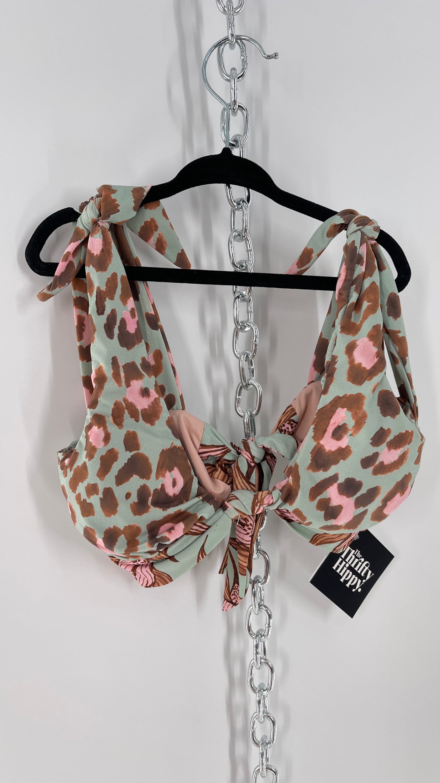 PatBo Light Blue Cheetah Brazilian Swim Top with Tie Bust and Shoulders (XS)