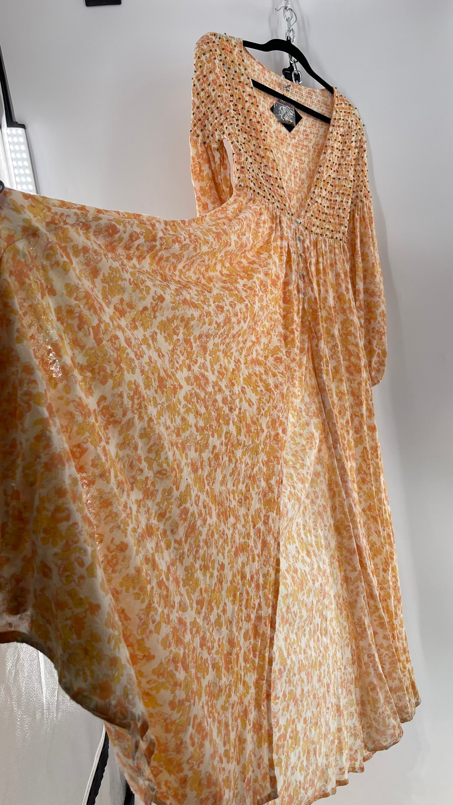 Intimately Free People Orange Floral Smocked Maxi Dress (XS)