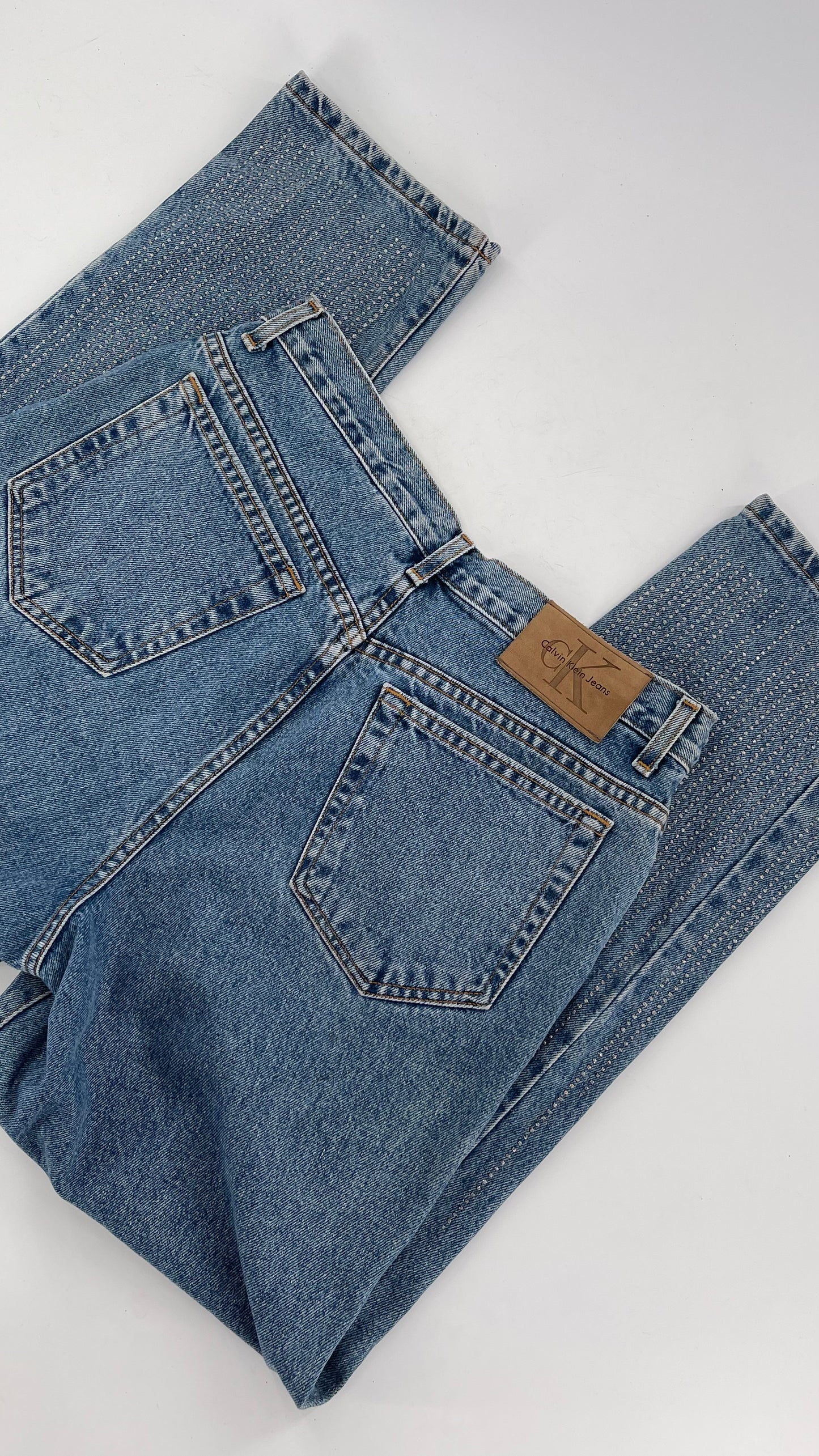 Vintage Calvin Klein Stone Washed Jeans with Silver Glitter Hem (29/30)