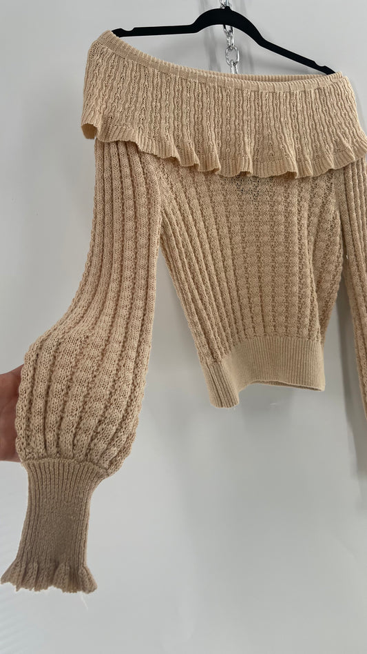 Free People Baby Yellow Knit Ruffled Off the Shoulder Sweater (Small)