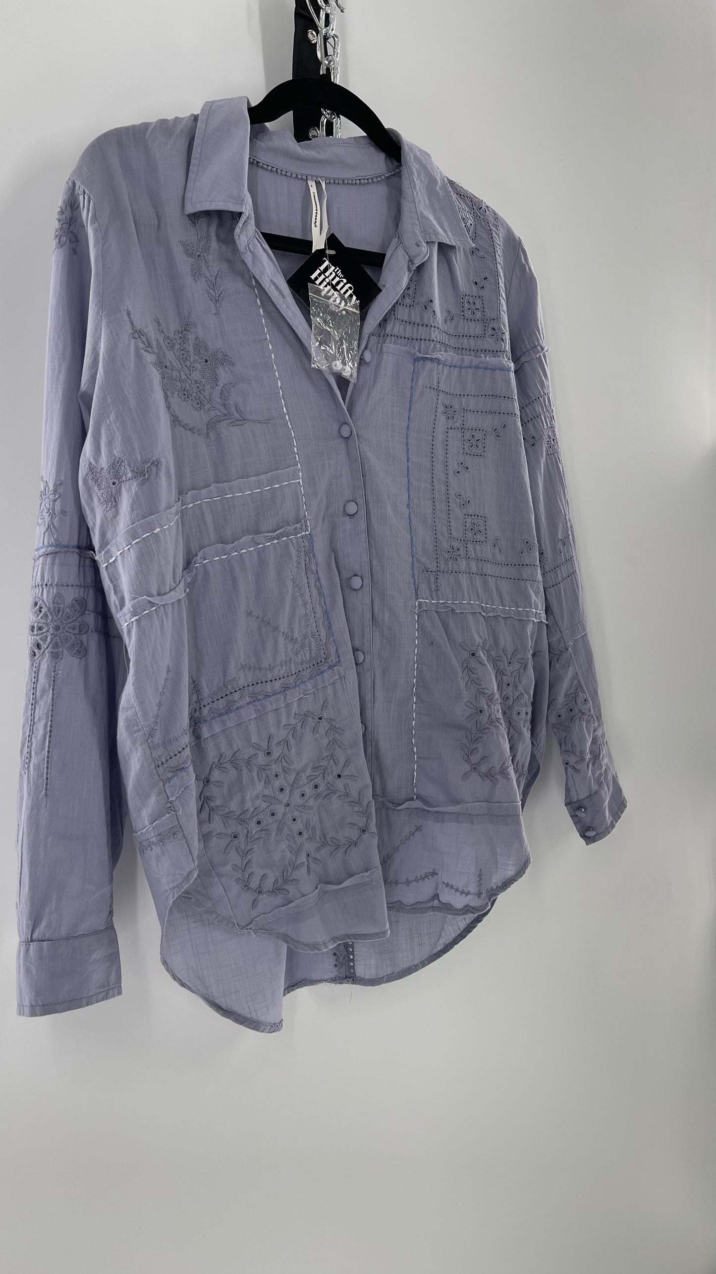 Anthropologie Powder Blue Patchwork Embroidered Long Sleeve (Small)