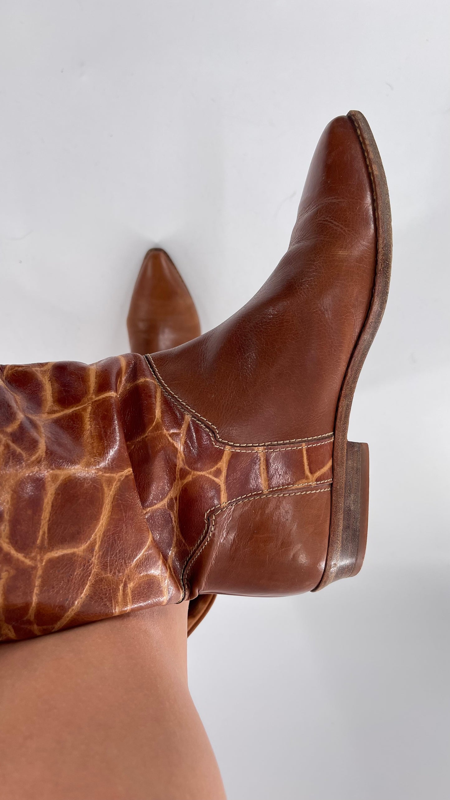 Joan & David Brown Leather Cowboy Snake Print Boots
