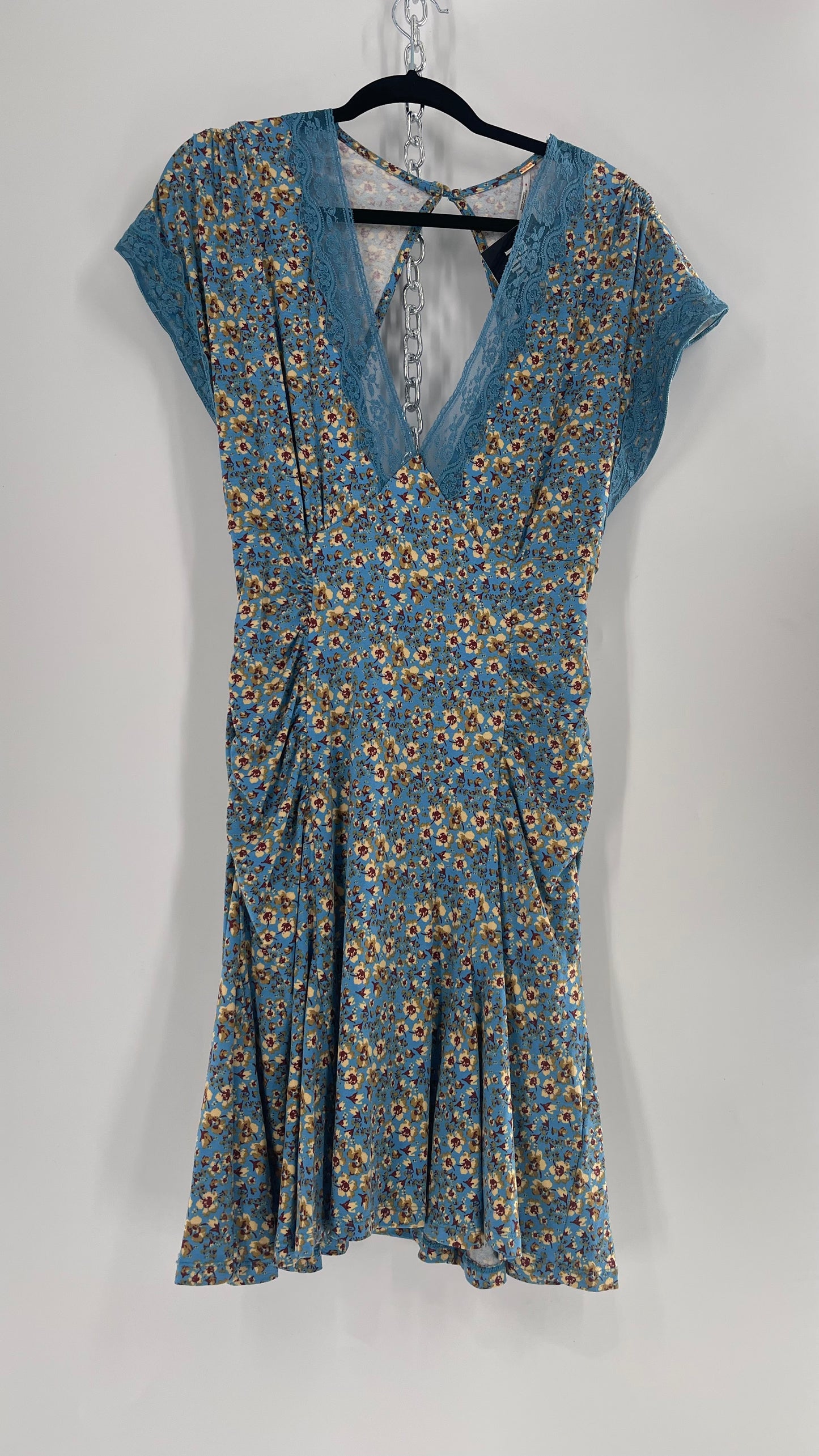 Free People Sweet Talker Blue Floral Ruched Mini Dress (Large)