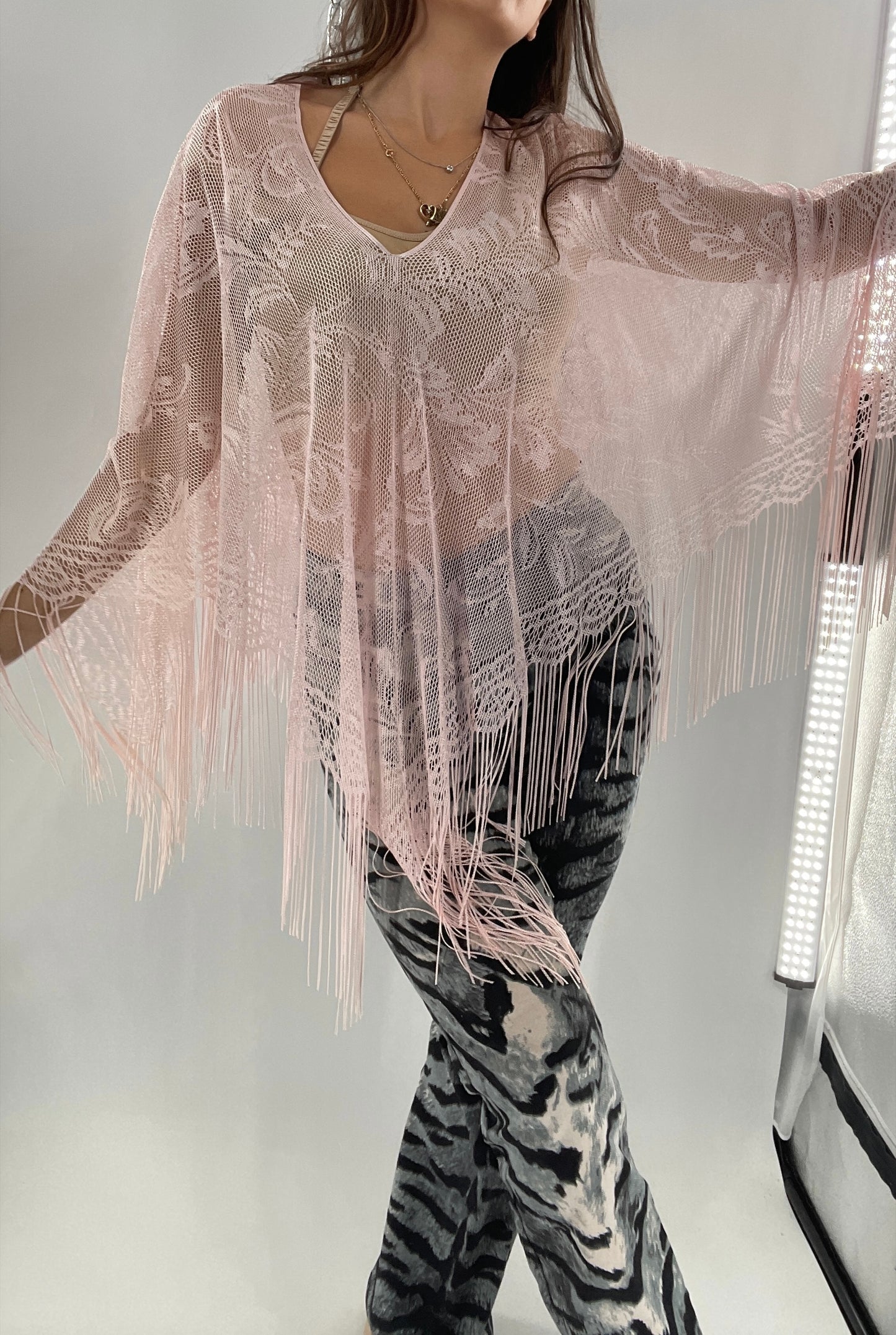 Vintage Pink Fringe Poncho (One Size)