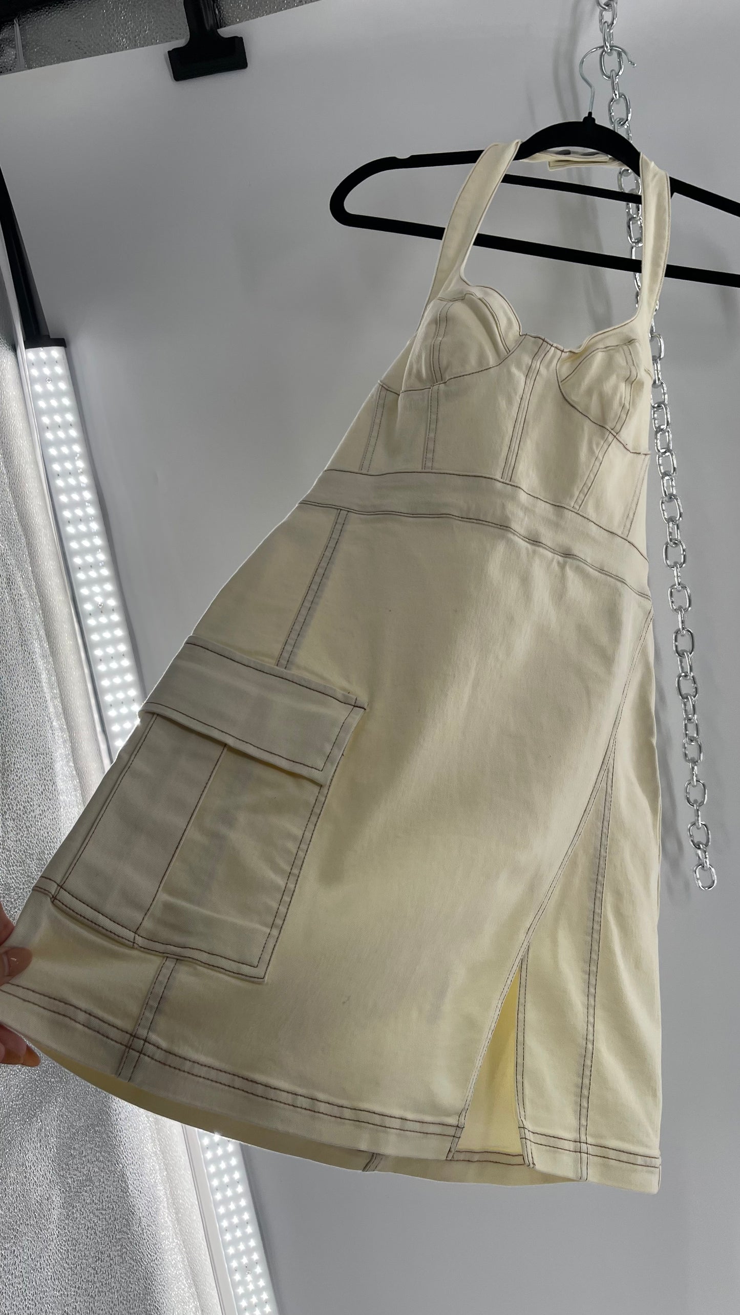 Urban Outfitters Beige Denim Halter Mini Dress (Medium)
