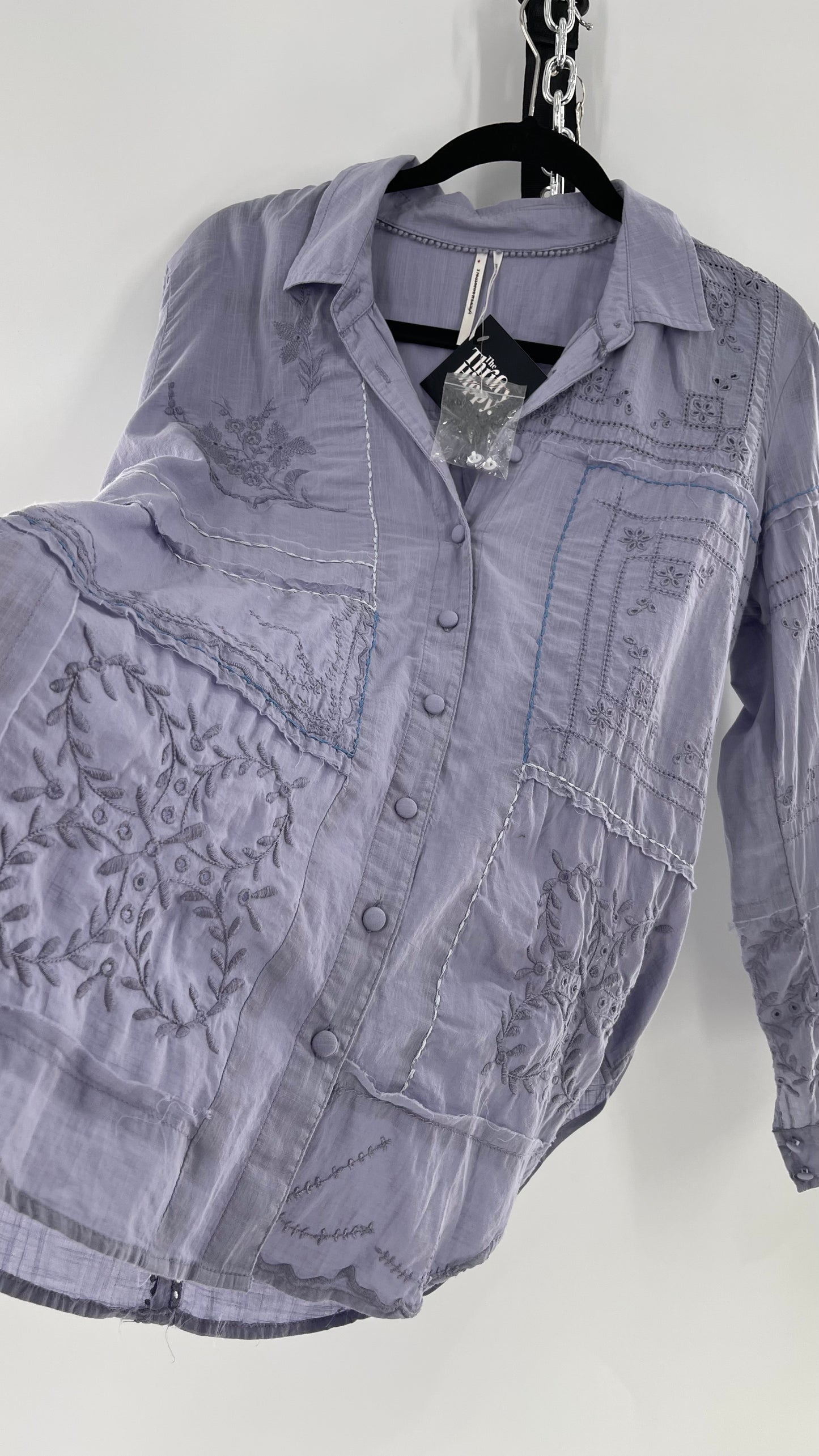 Anthropologie Powder Blue Patchwork Embroidered Long Sleeve (Small)