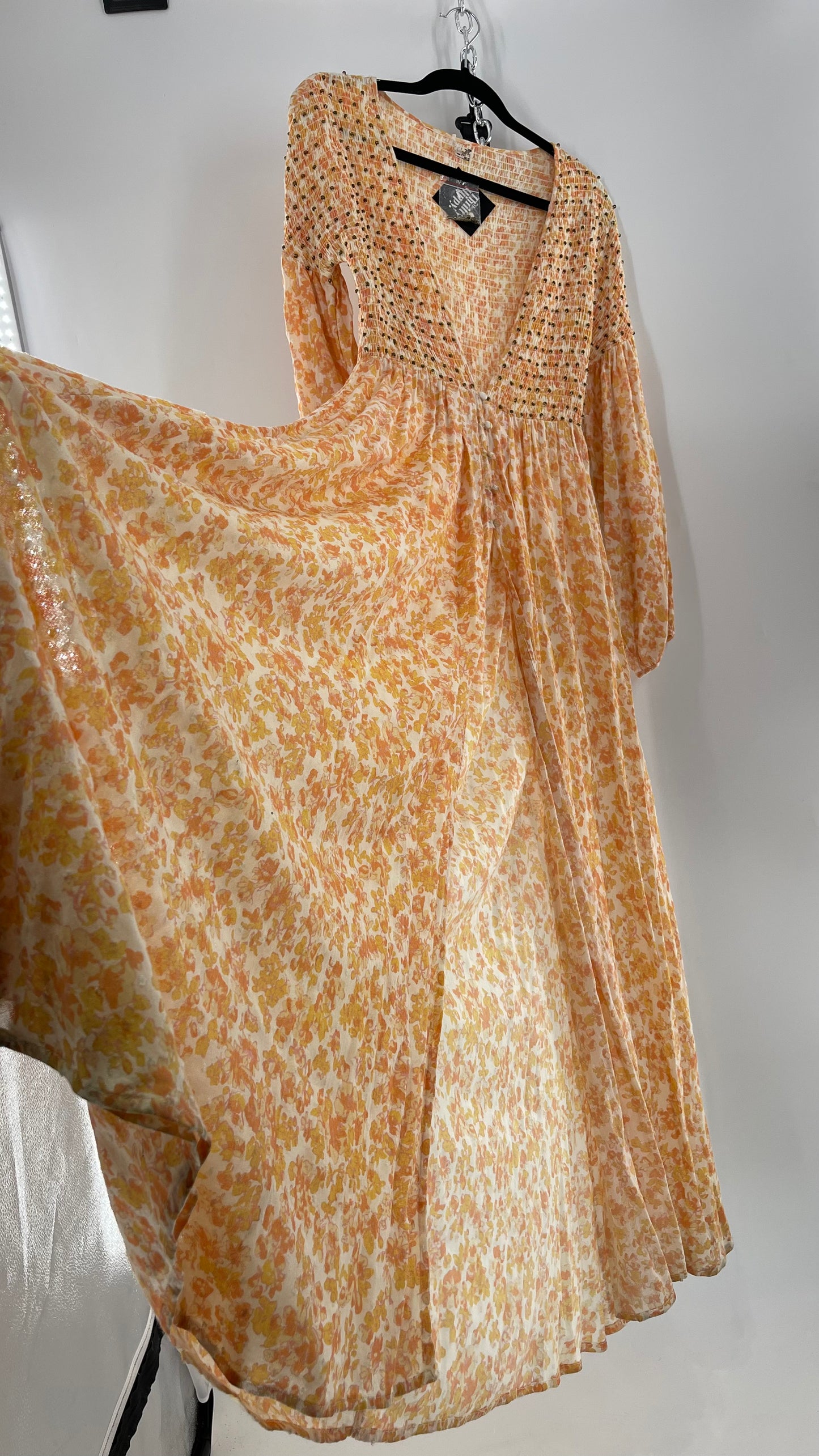 Intimately Free People Orange Floral Smocked Maxi Dress (XS)