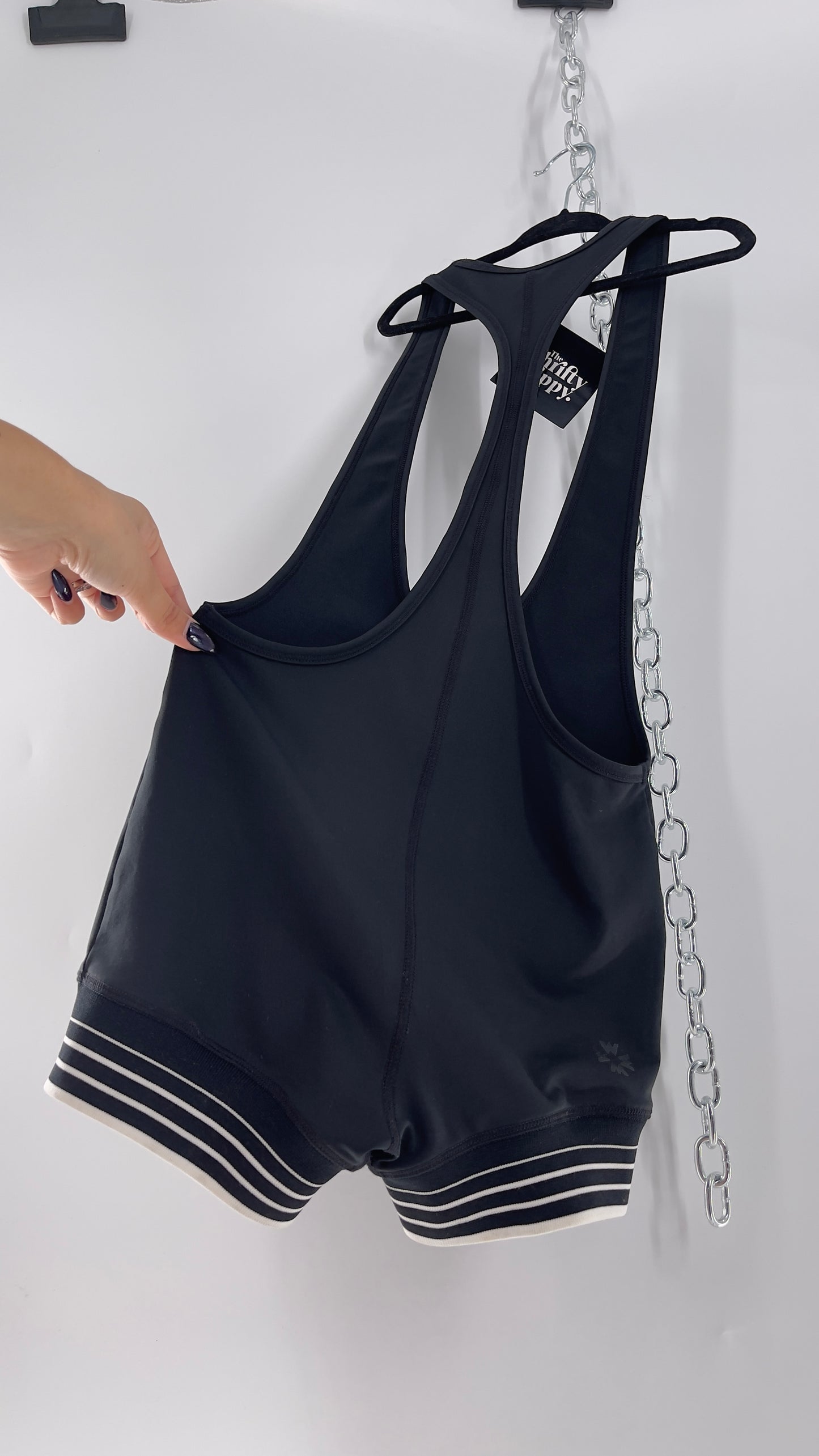 Without Walls Black Swim Romper with Striped Elastic Hems (XS)