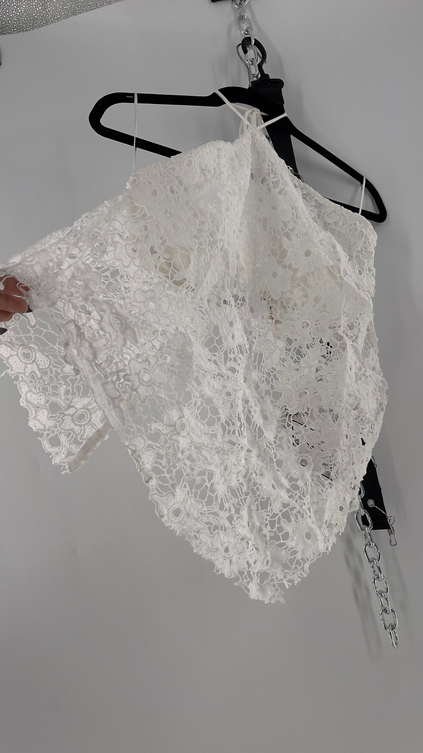 Free People White Smocked Halter with Lace Overlay (Large)