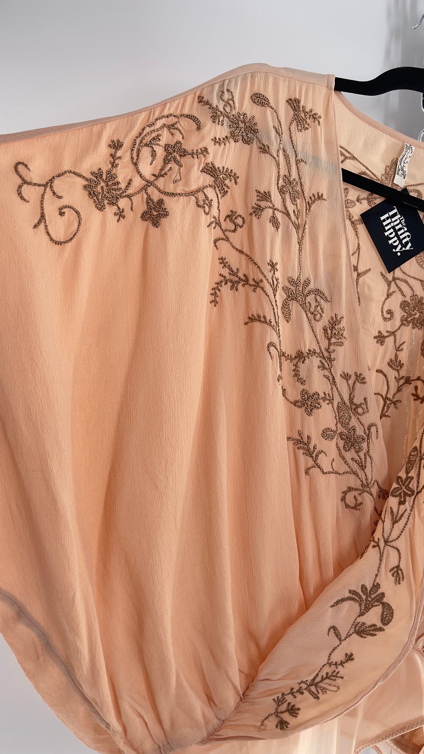 Free People Blush Short Sleeve Bodysuit with Gold Embroidered Blossoms (Small)