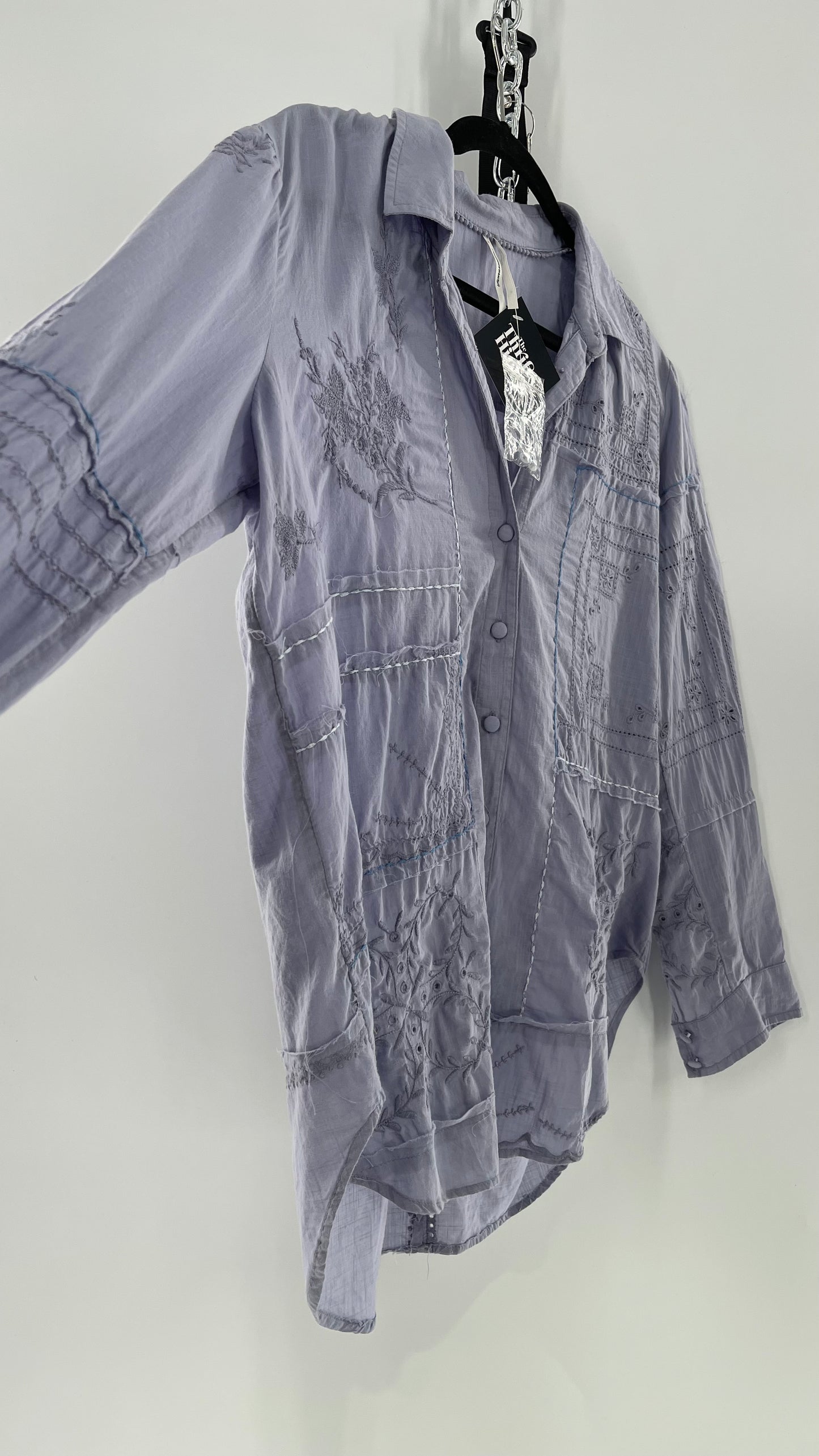 Anthropologie Powder Blue Patchwork Embroidered Long Sleeve (Small)