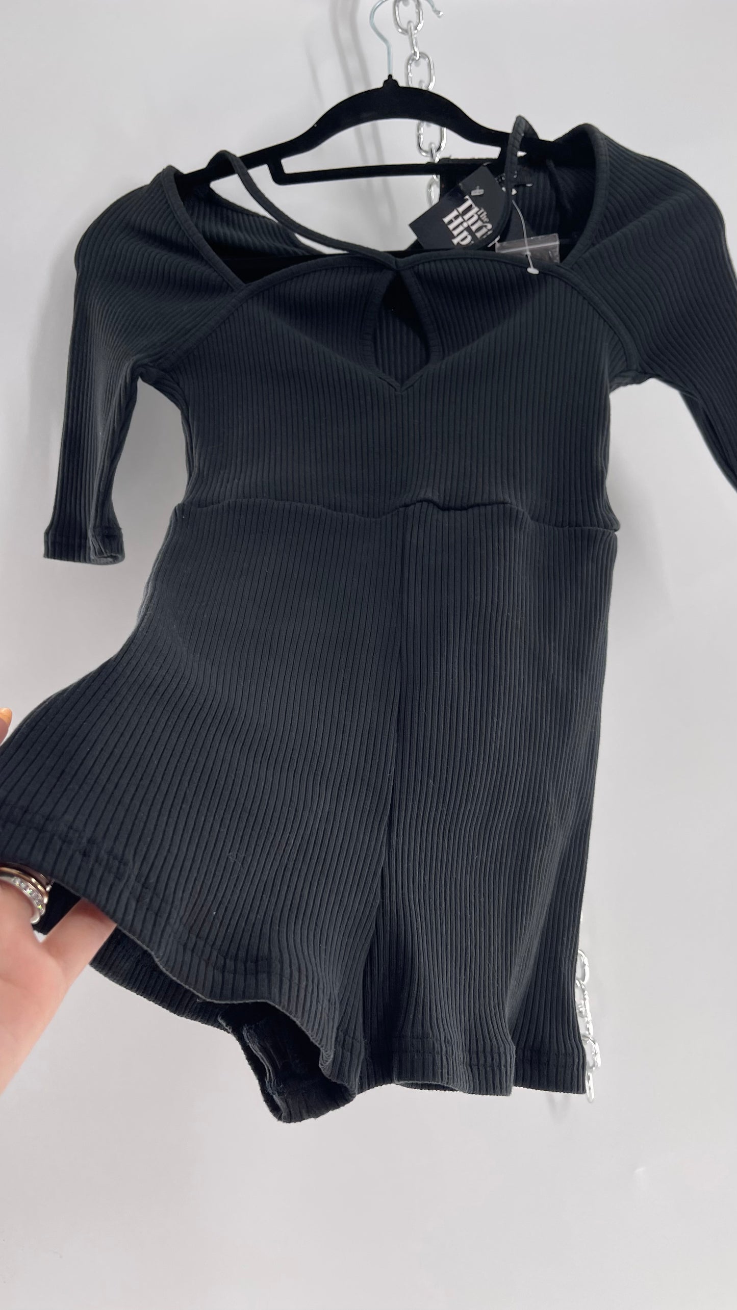 Urban Outfitters Black Ribbed Jumpsuit with Detailed Neckline (Small)