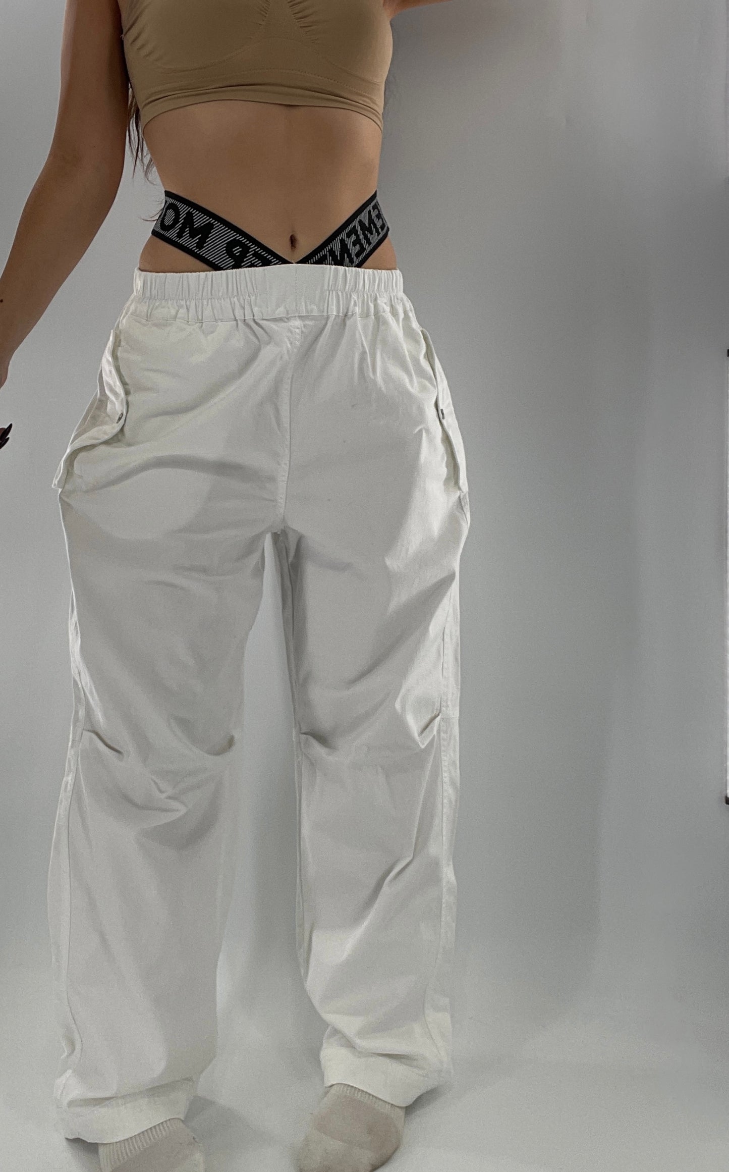 Free People Movement White Carpenter Pant with Branded Double Waistband (Small)