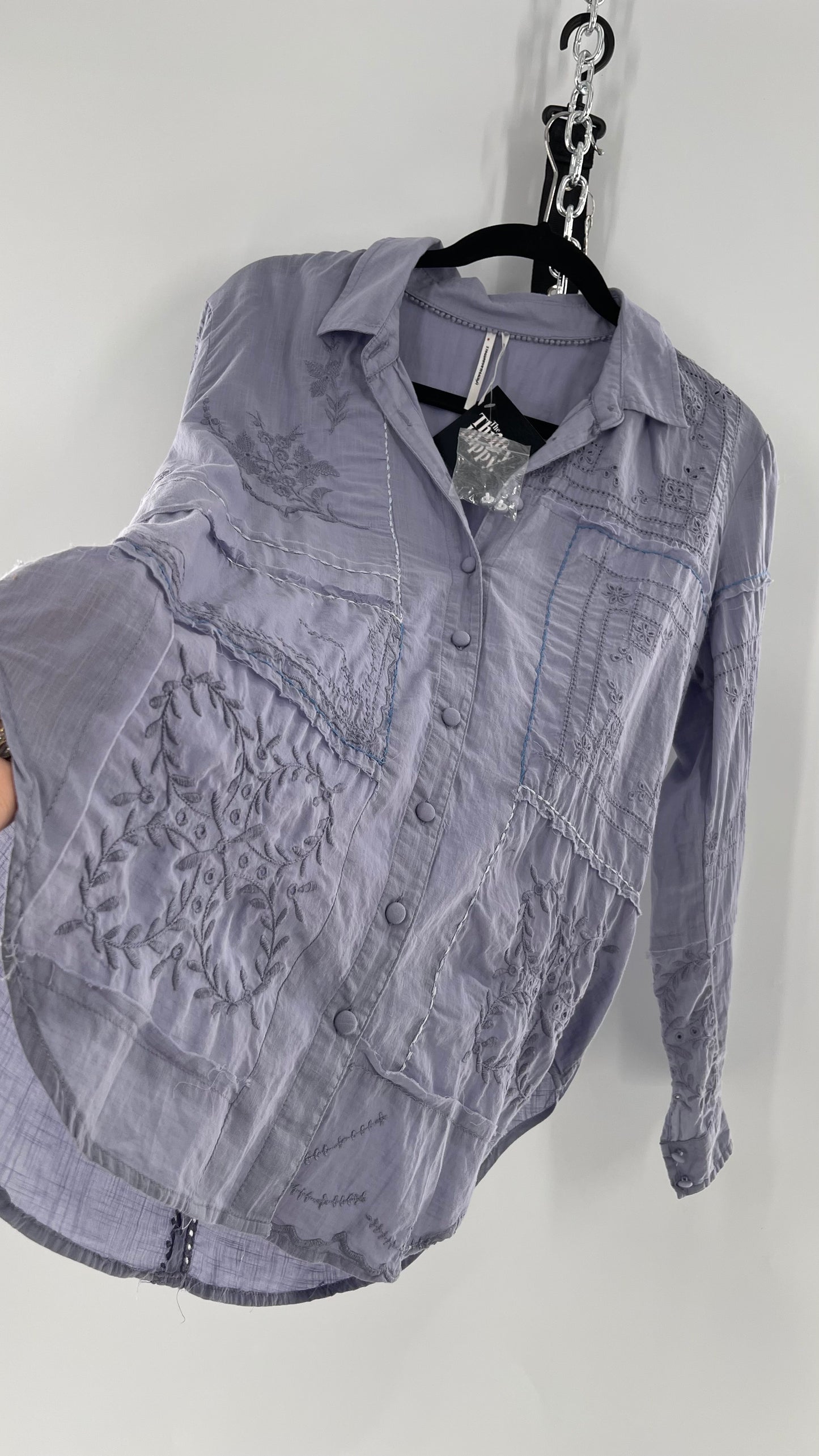 Anthropologie Powder Blue Patchwork Embroidered Long Sleeve (Small)