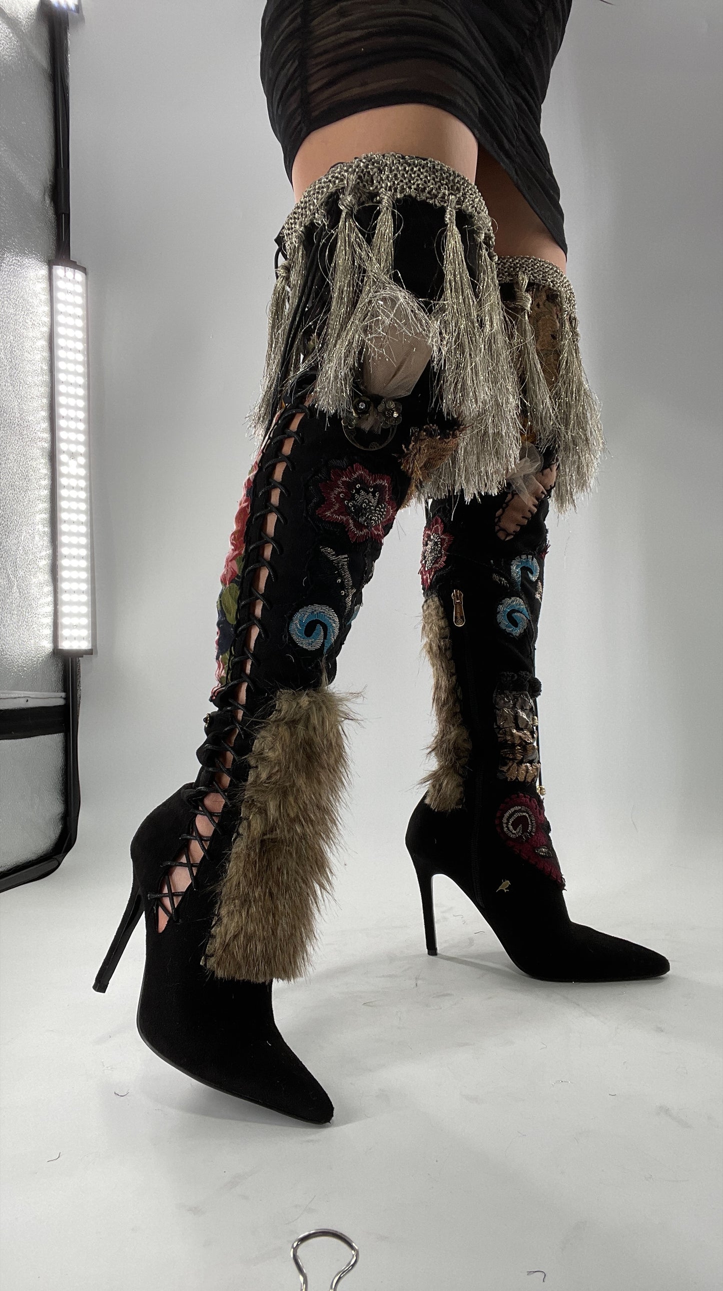 Custom Hand Sewn + Embroidered Thigh High Boots (7.5)