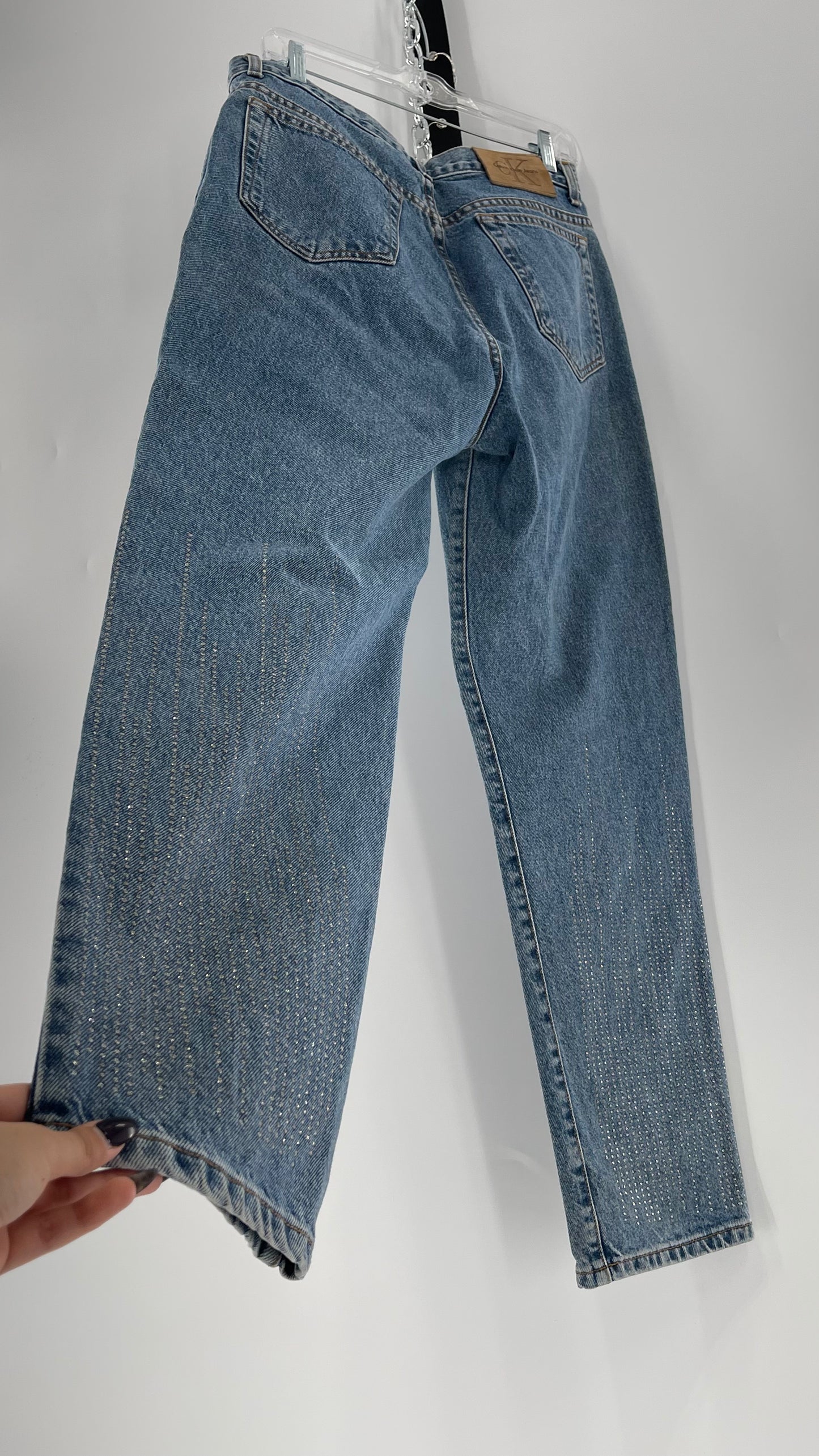 Vintage Calvin Klein Stone Washed Jeans with Silver Glitter Hem (29/30)