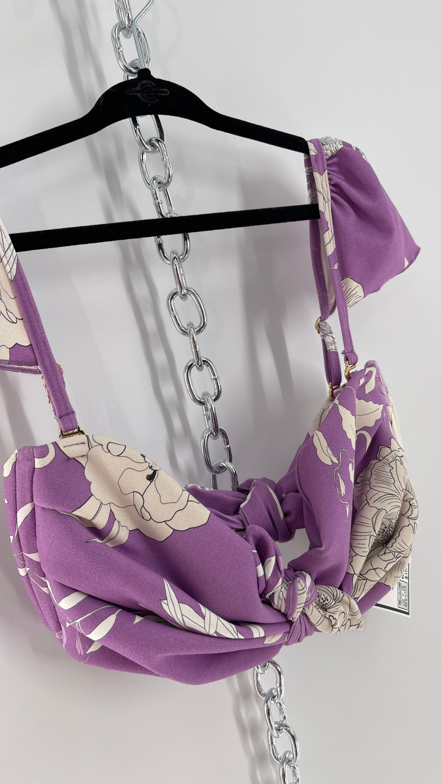 Montce Lilac Lavender Floral Swim Top with Tie Front and Ruffled Shoulder (Medium)