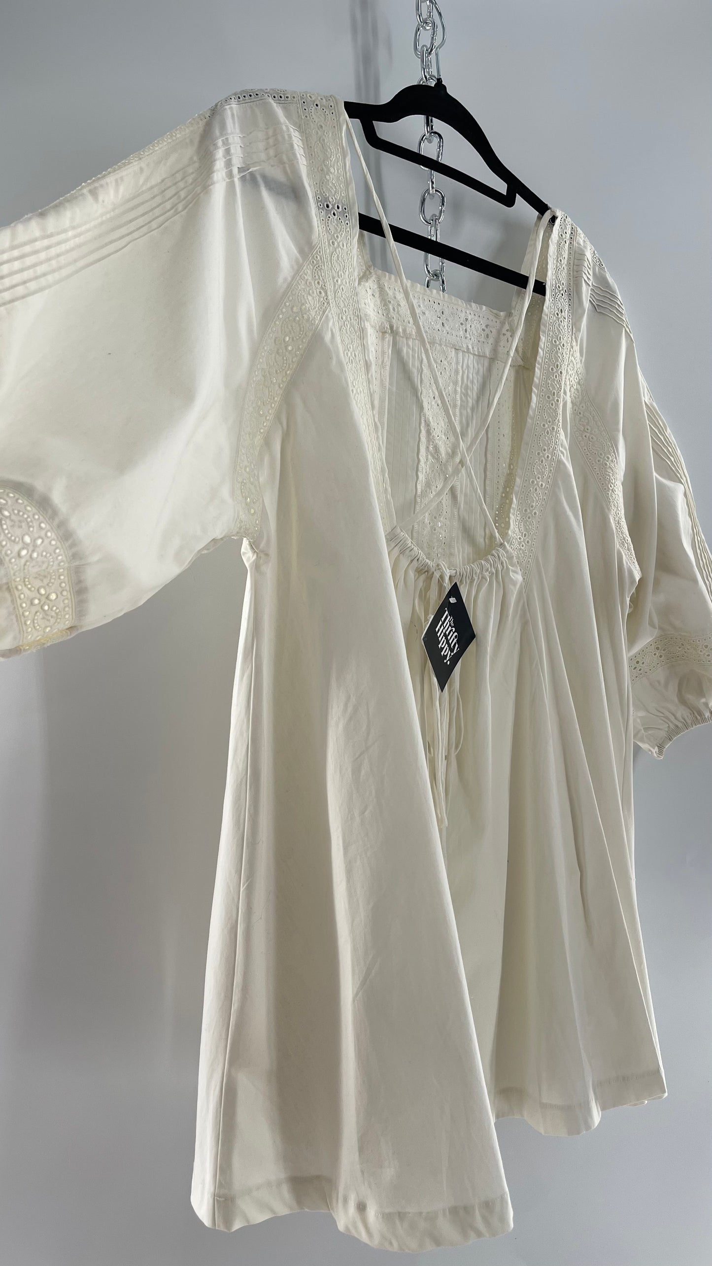 Free People White Long Sleeve Mini with Open Back and Lace Detailing (Small)