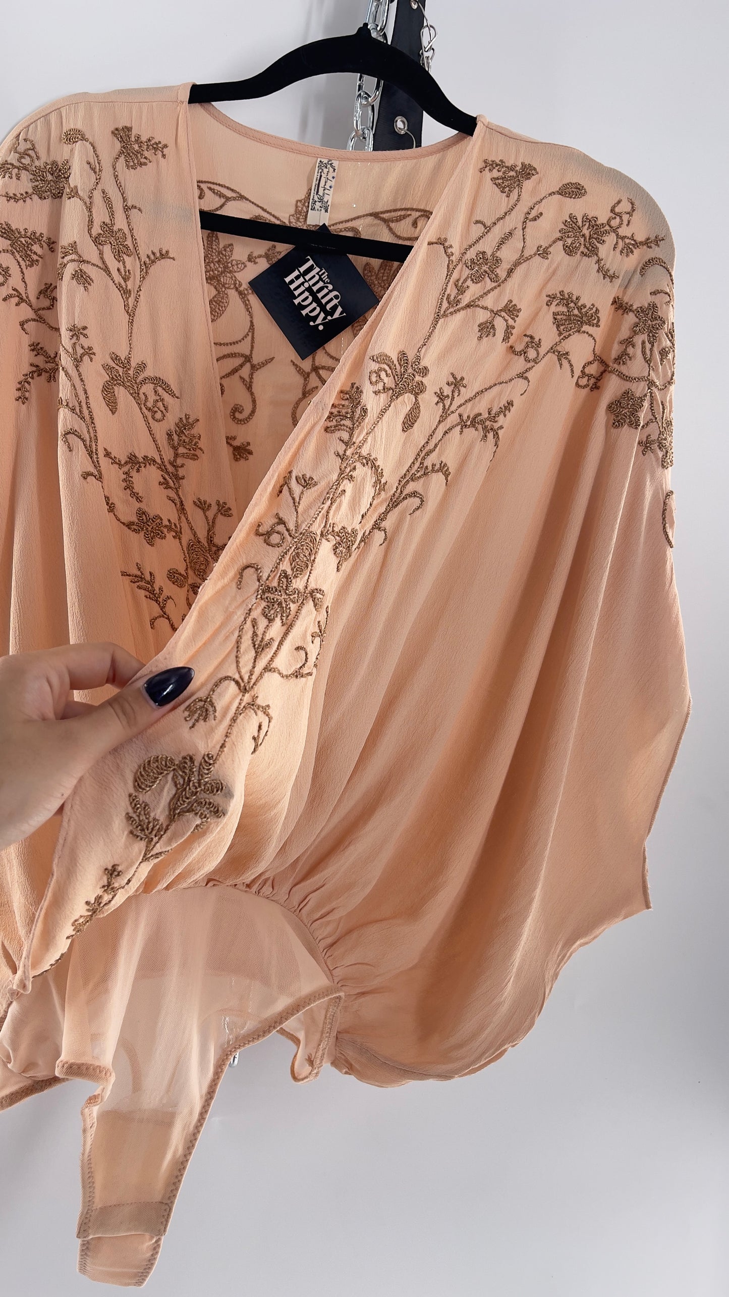 Free People Blush Short Sleeve Bodysuit with Gold Embroidered Blossoms (Small)