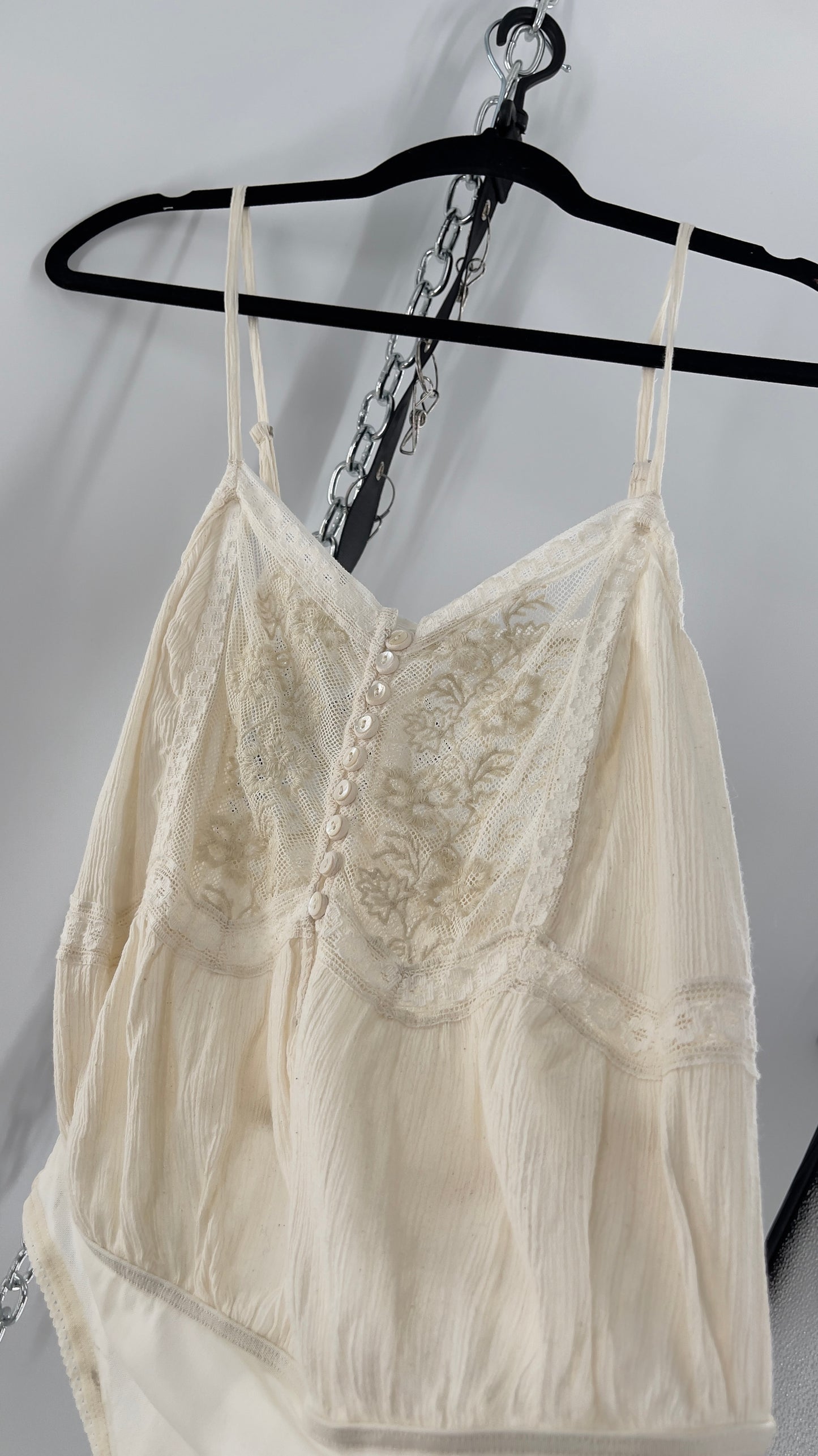 Free People Off White Cotton Bodysuit with Lace Buttoned Bust (Small)