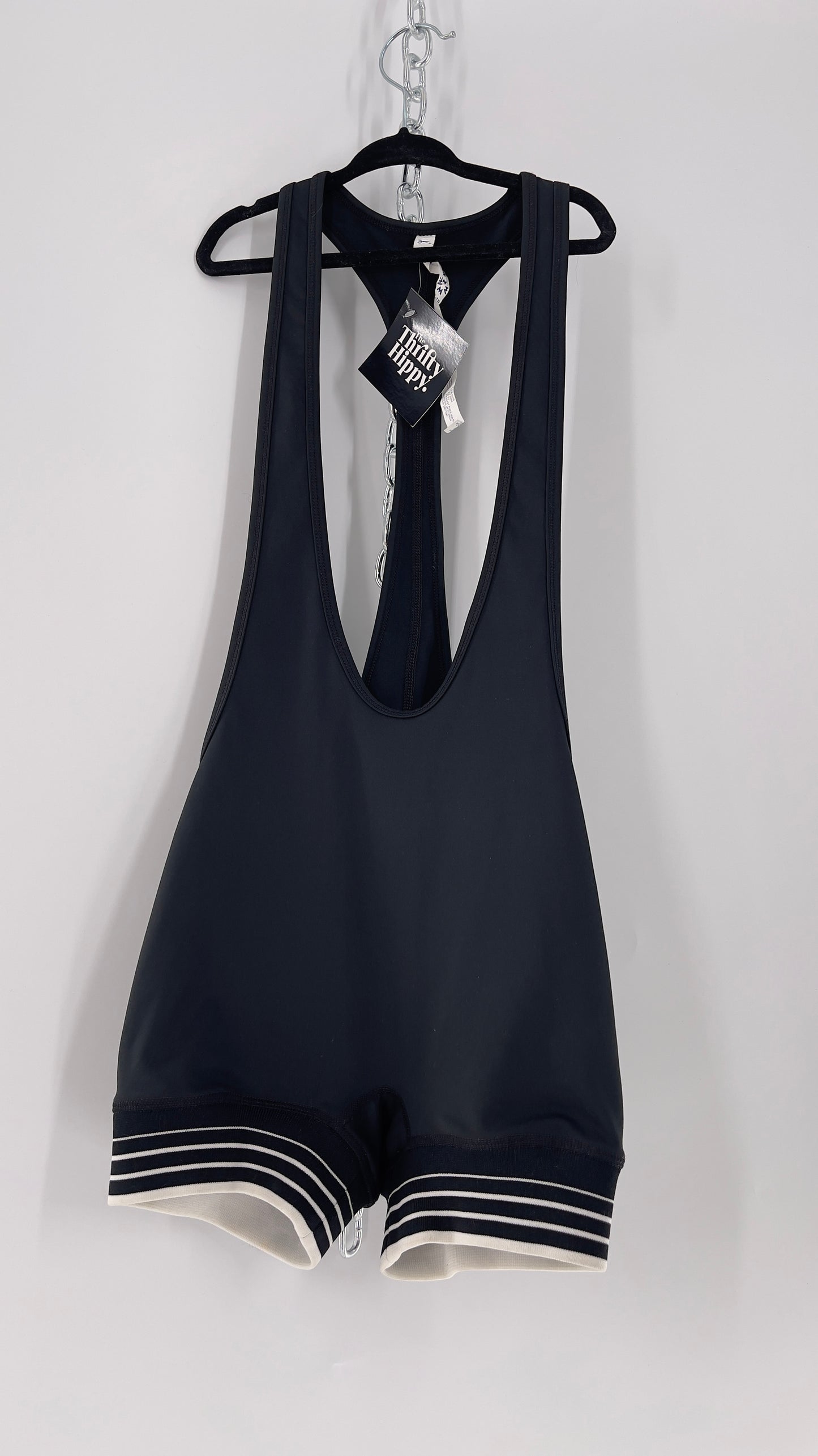 Without Walls Black Swim Romper with Striped Elastic Hems (XS)