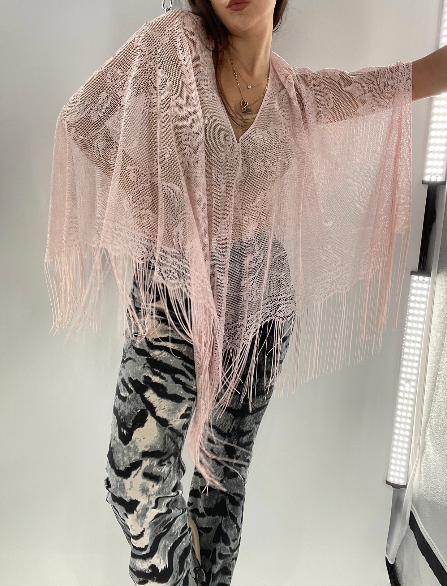 Vintage Pink Fringe Poncho (One Size)