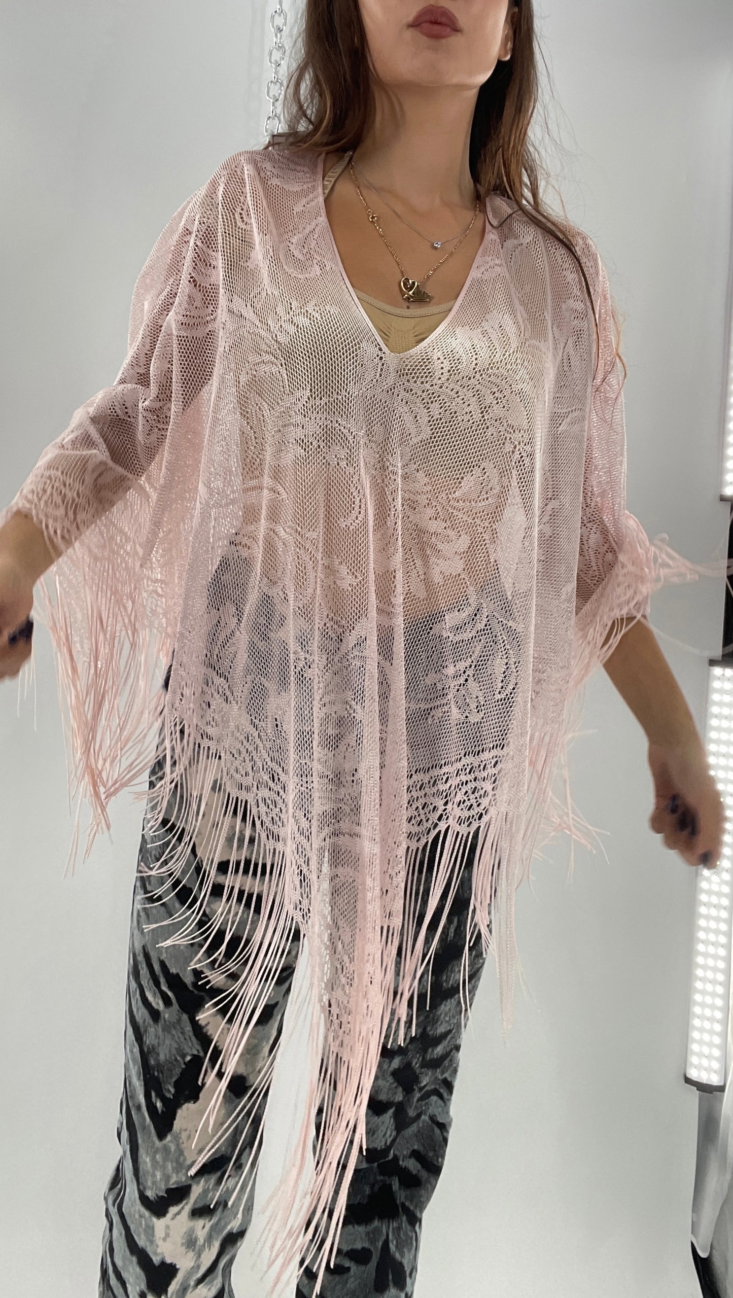 Vintage Pink Fringe Poncho (One Size)