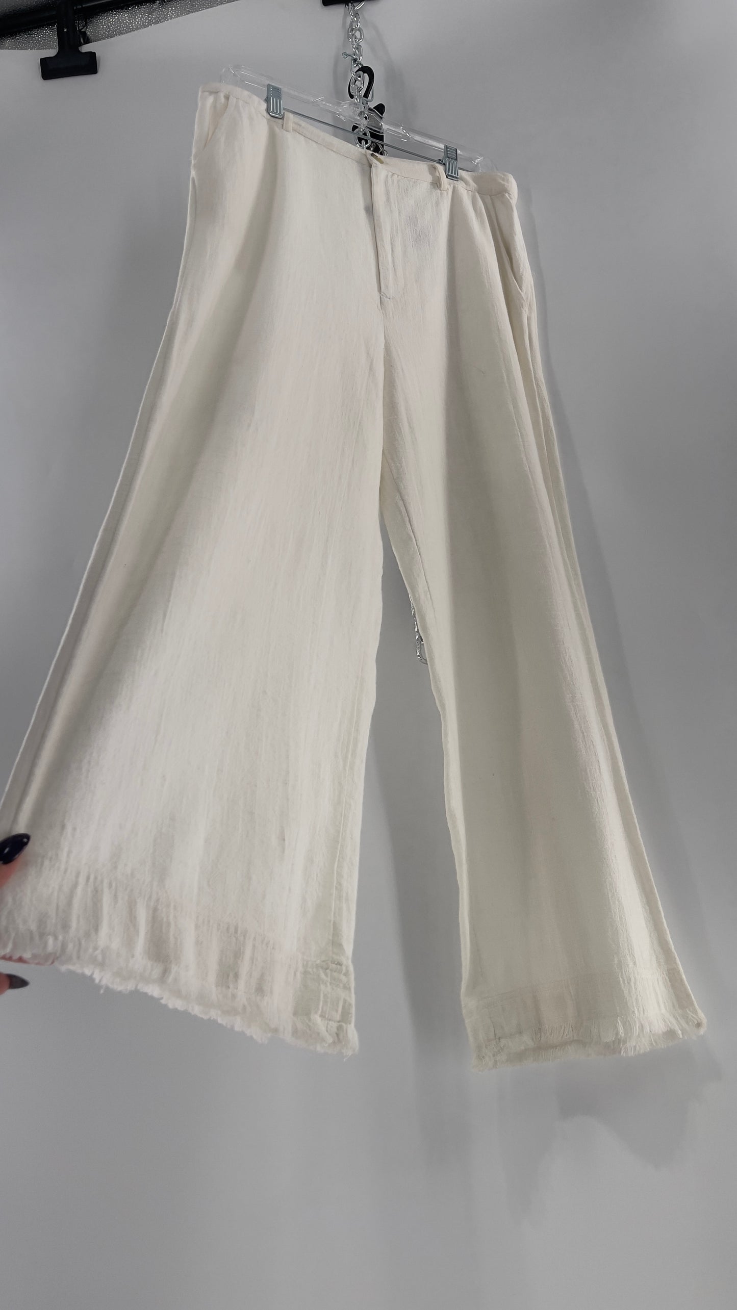 Urban Outfitters White High Waisted Frayed Hem Wide Leg Trouser (10)