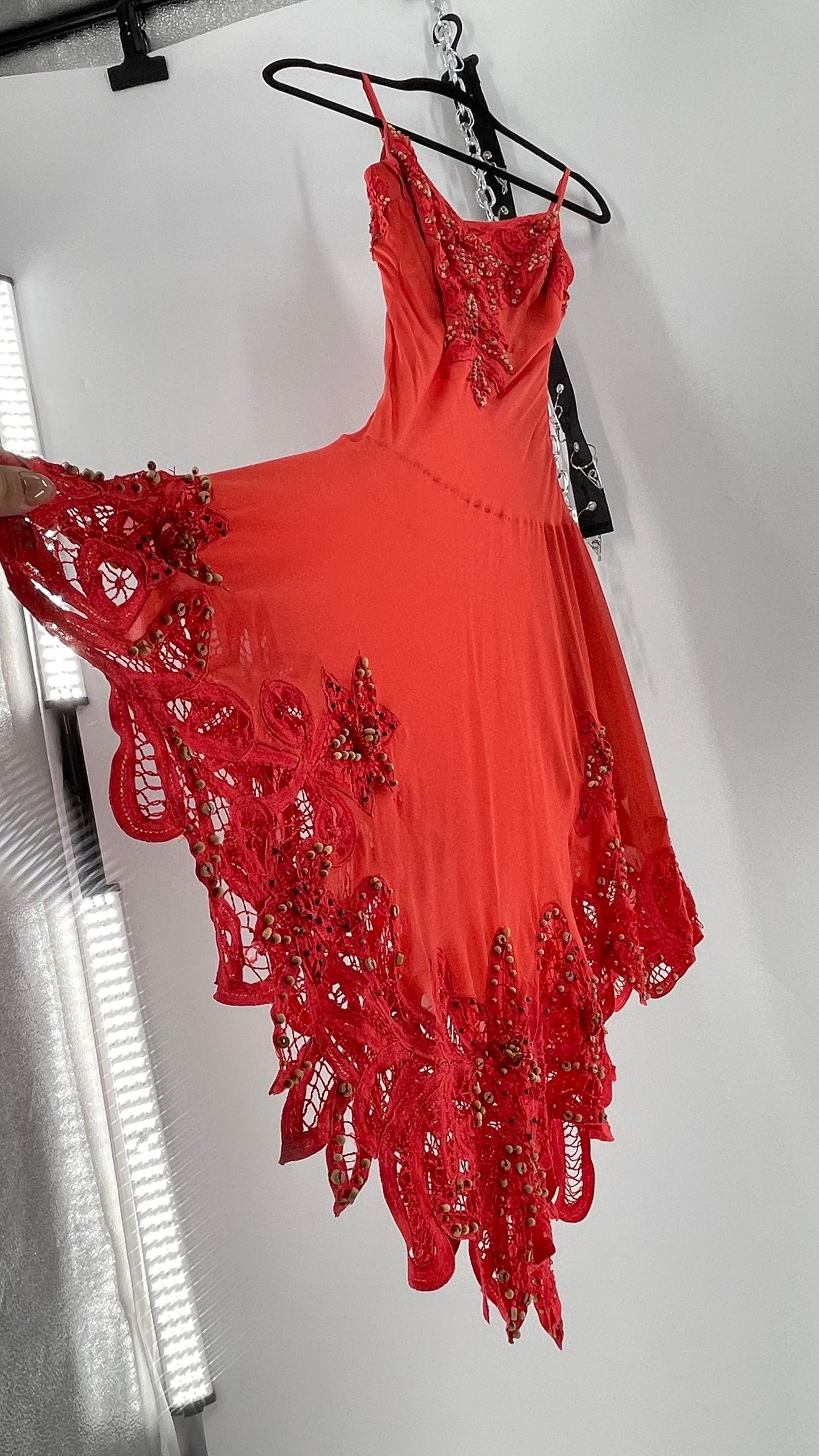 1990s Vintage Cache Coral Appliqué Tropical Beaded Slip (2)