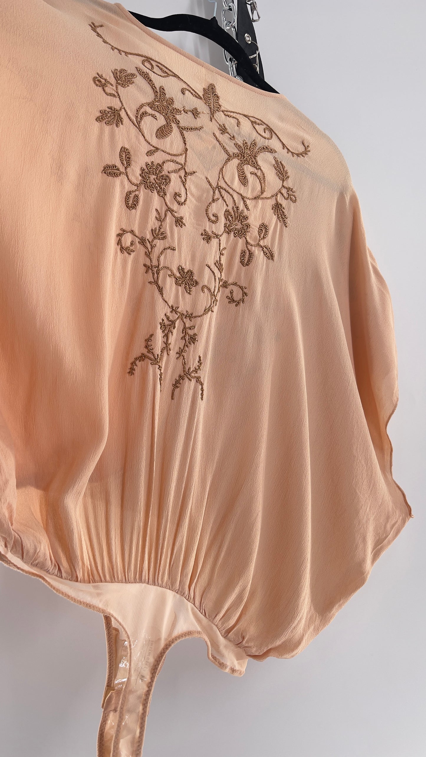 Free People Blush Short Sleeve Bodysuit with Gold Embroidered Blossoms (Small)