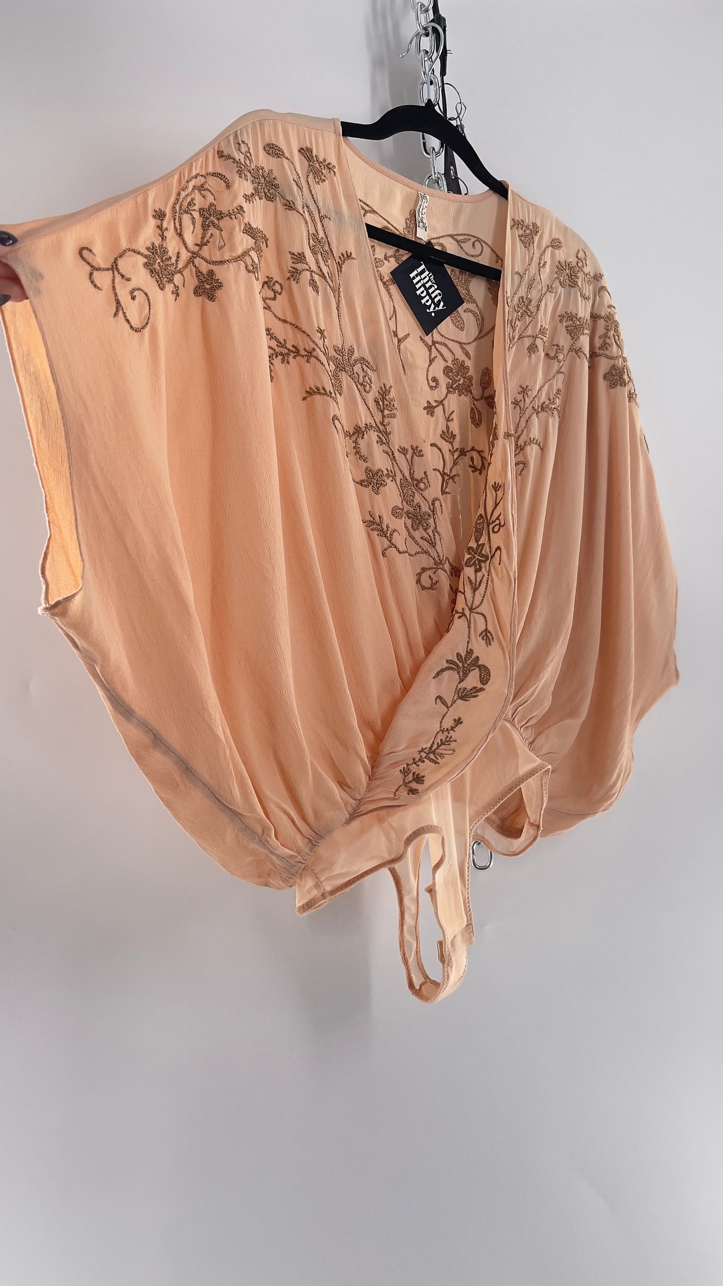 Free People Blush Short Sleeve Bodysuit with Gold Embroidered Blossoms (Small)