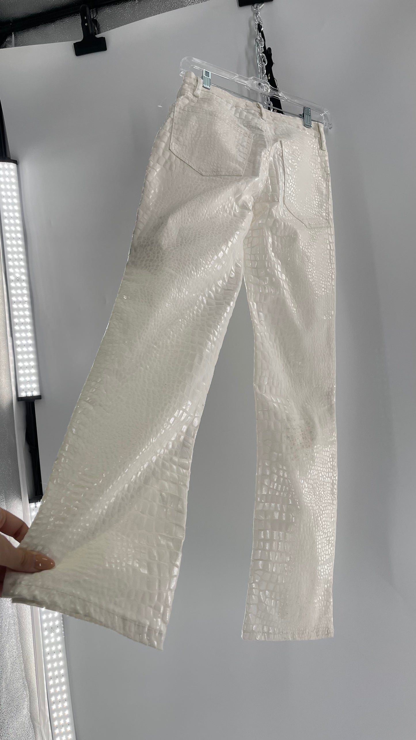 Free People White Straight Leg Jeans with Snake Patterned Texture (27)