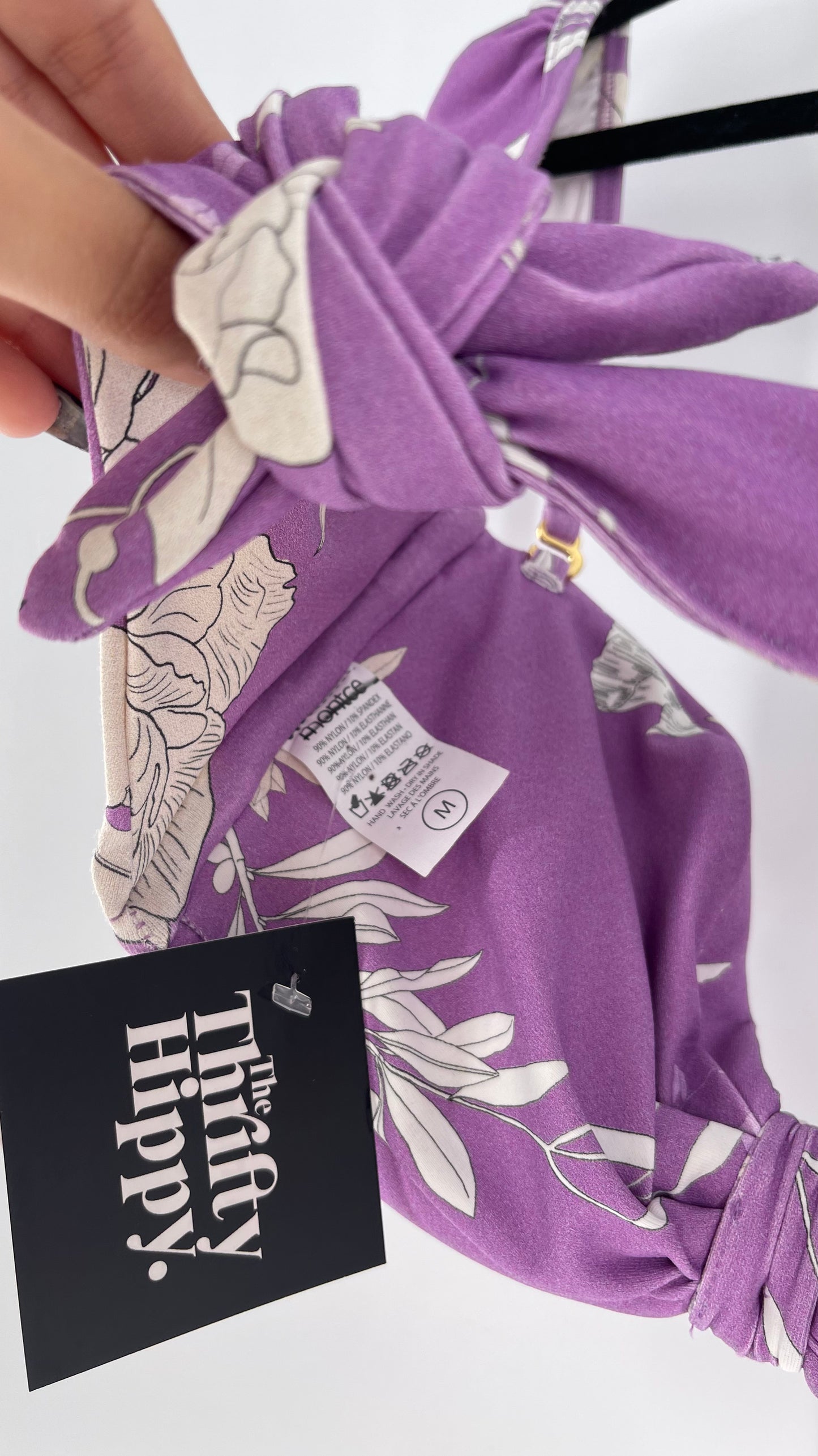 Montce Lilac Lavender Floral Swim Top with Tie Front and Ruffled Shoulder (Medium)
