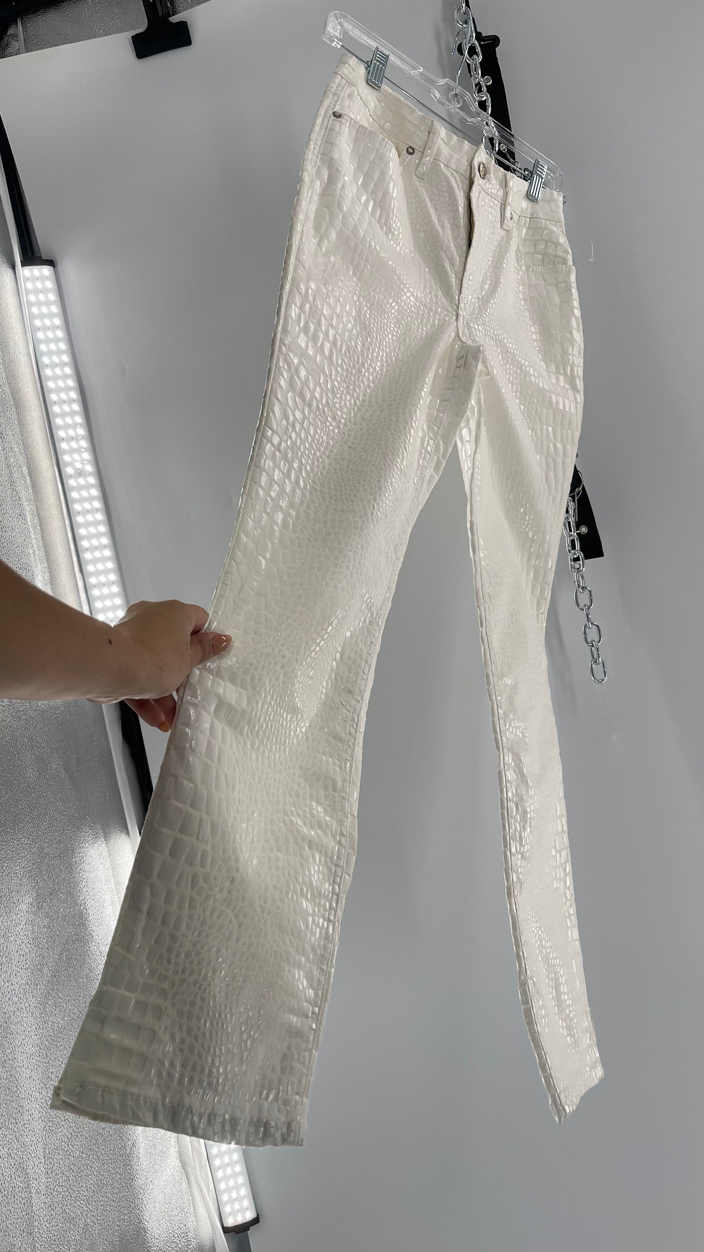Free People White Straight Leg Jeans with Snake Patterned Texture (27)