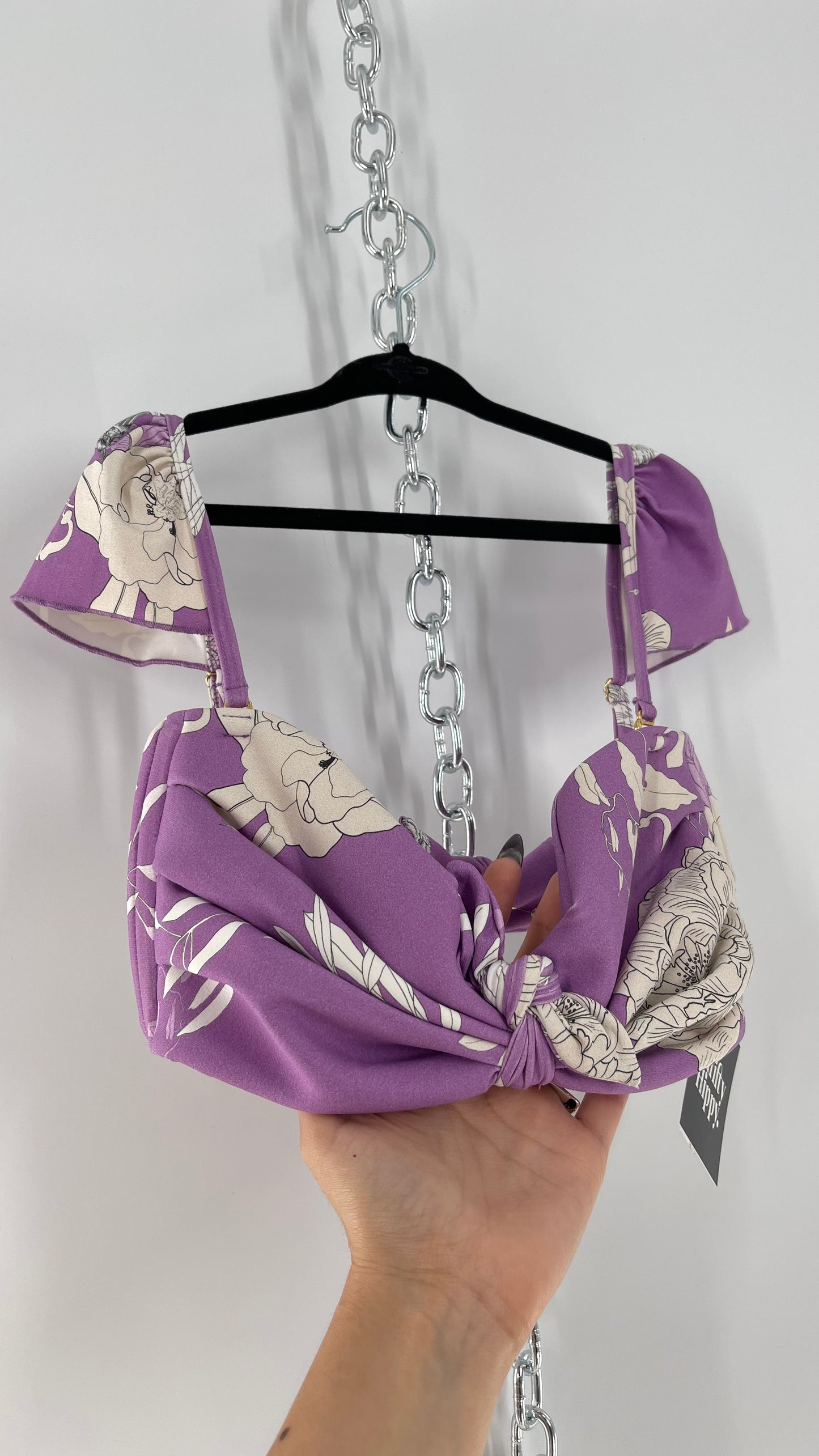 Montce Lilac Lavender Floral Swim Top with Tie Front and Ruffled Shoulder (Medium)
