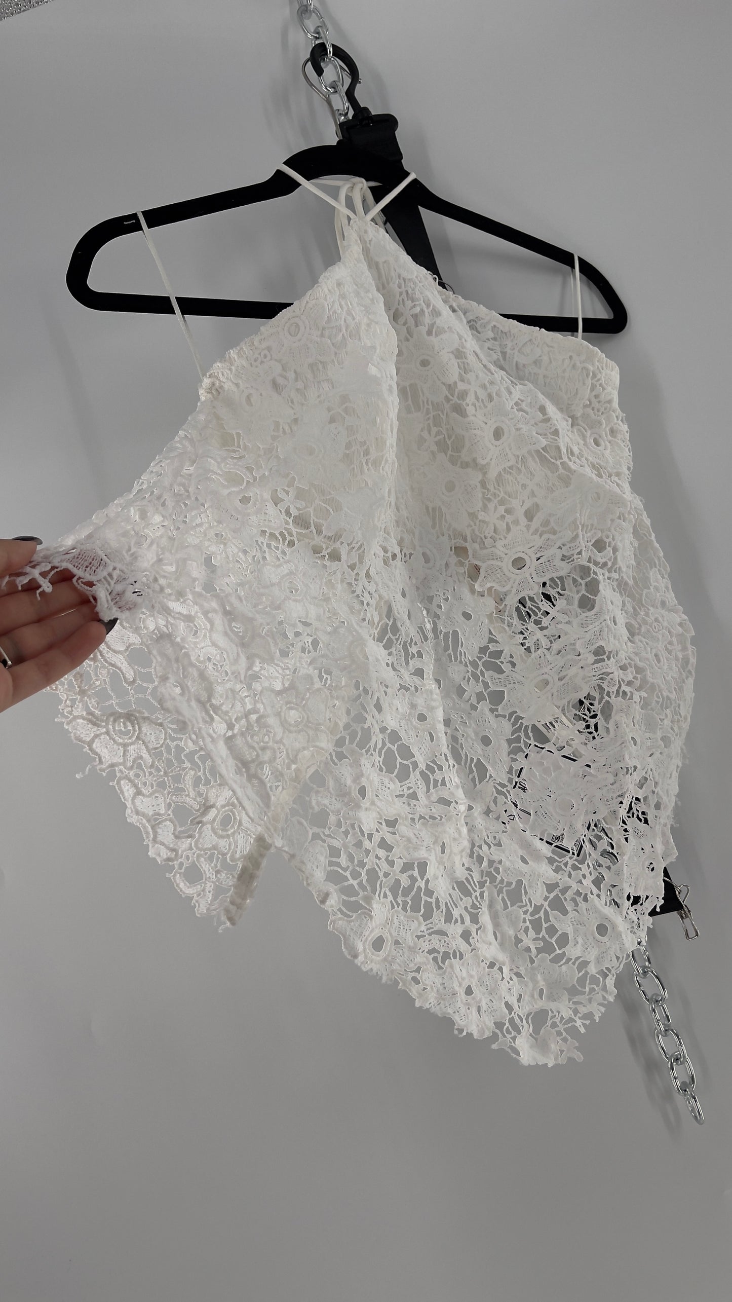 Free People White Smocked Halter with Lace Overlay (Large)