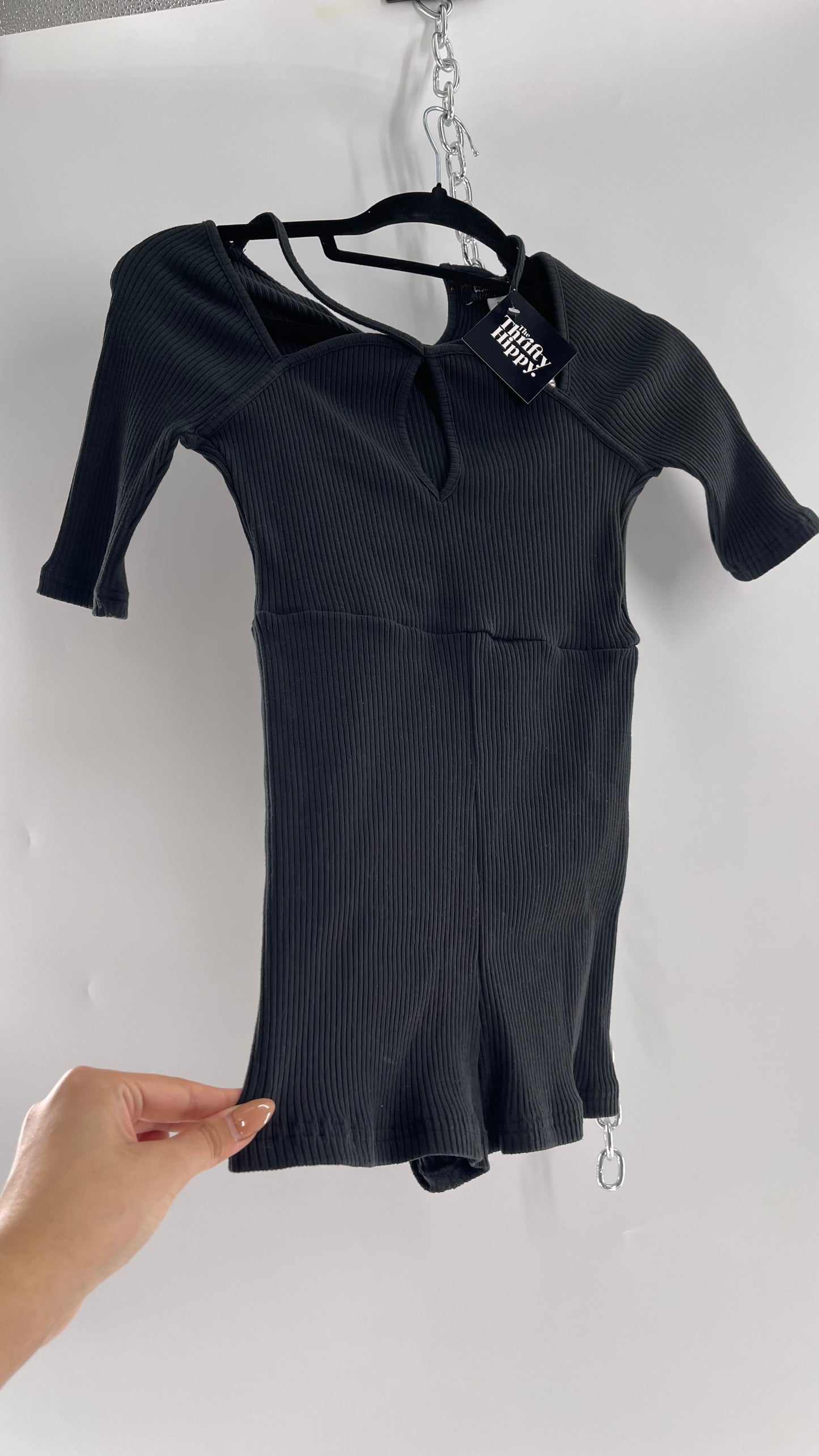 Urban Outfitters Black Ribbed Jumpsuit with Detailed Neckline (Small)