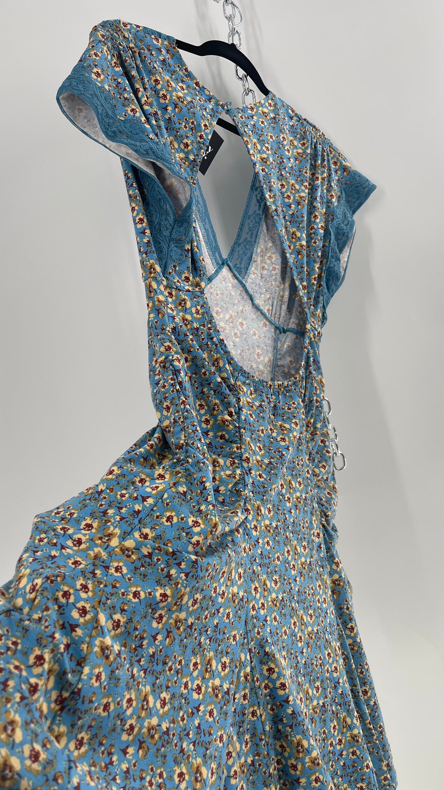 Free People Sweet Talker Blue Floral Ruched Mini Dress (Large)